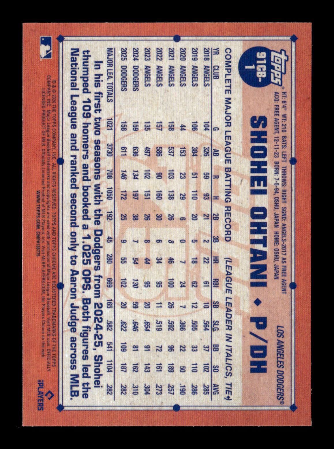 2026 Topps Chrome Shohei Ohtani #91CB-1 1991 Topps Chrome Baseball Los Angeles Dodgers
