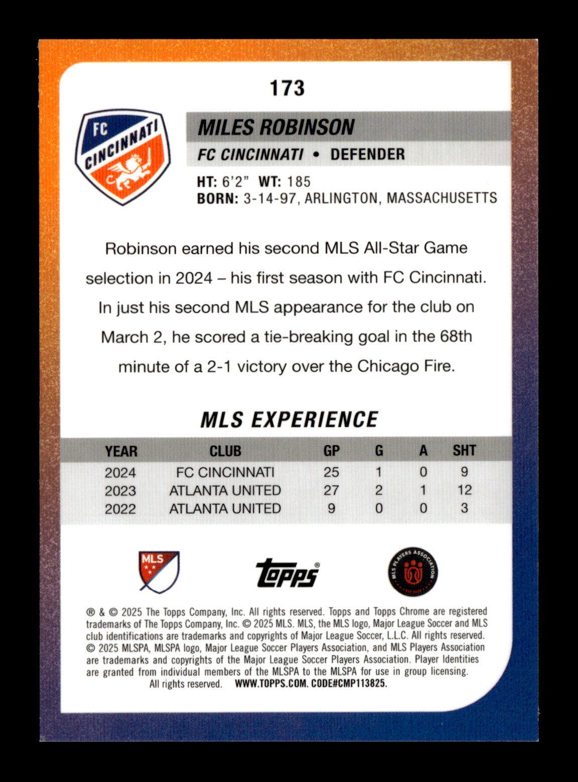 2025 Topps Chrome MLS Miles Robinson #173 Orange Refractor #/25 FC Cincinnati