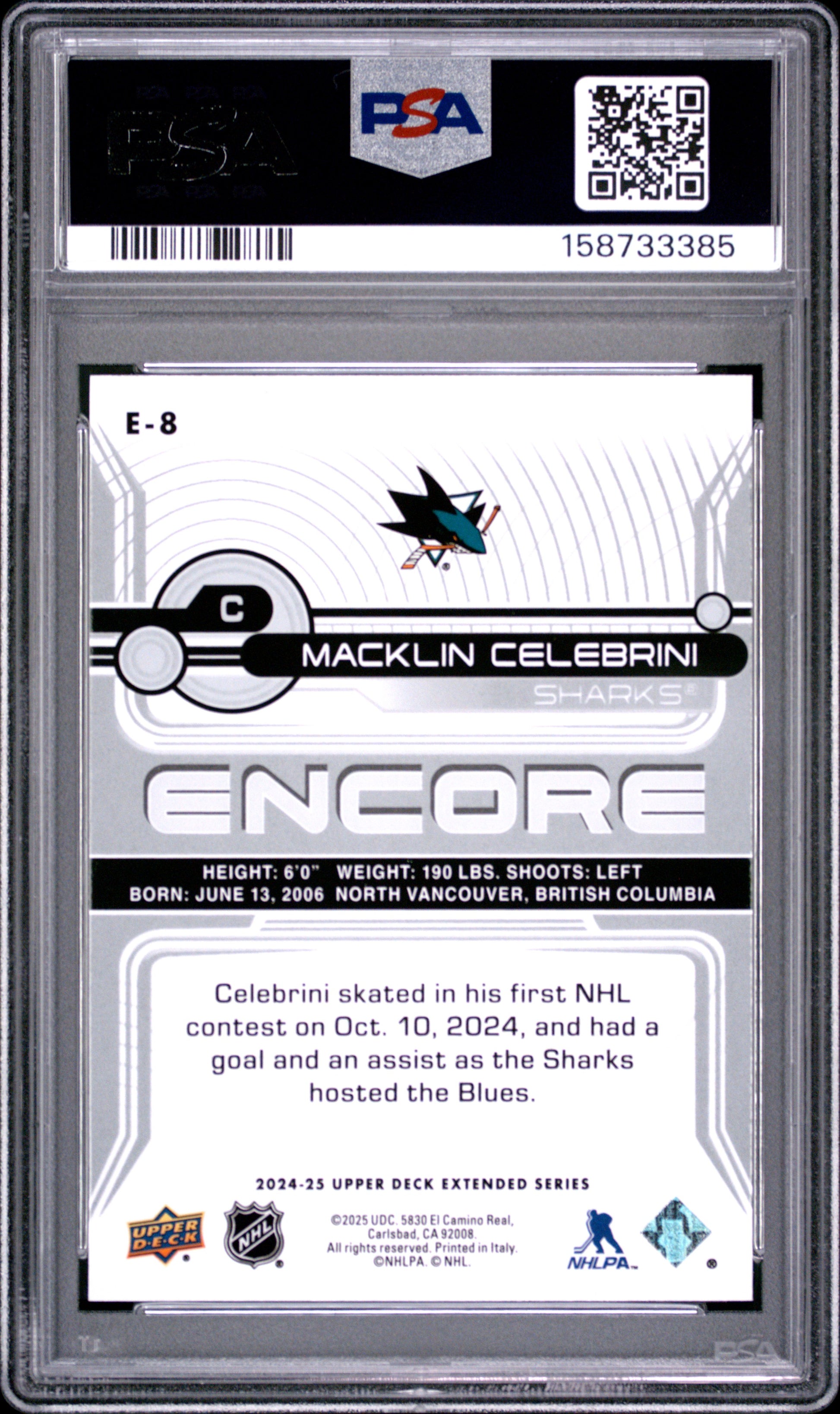 2024 Upper Deck Extended Series Encore Macklin Celebrini #E8 PSA 10
