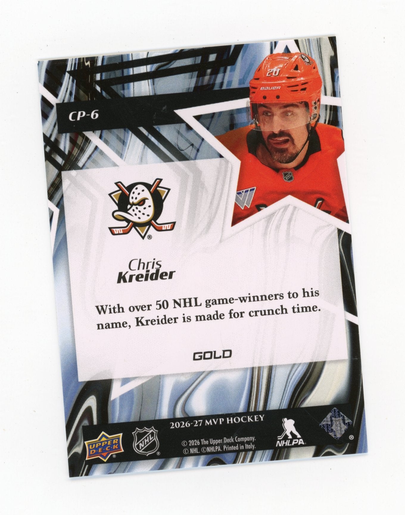 2026-27 Upper Deck MVP Chris Kreider #CP-6 Clutch Performers Gold #/299 Anaheim Ducks
