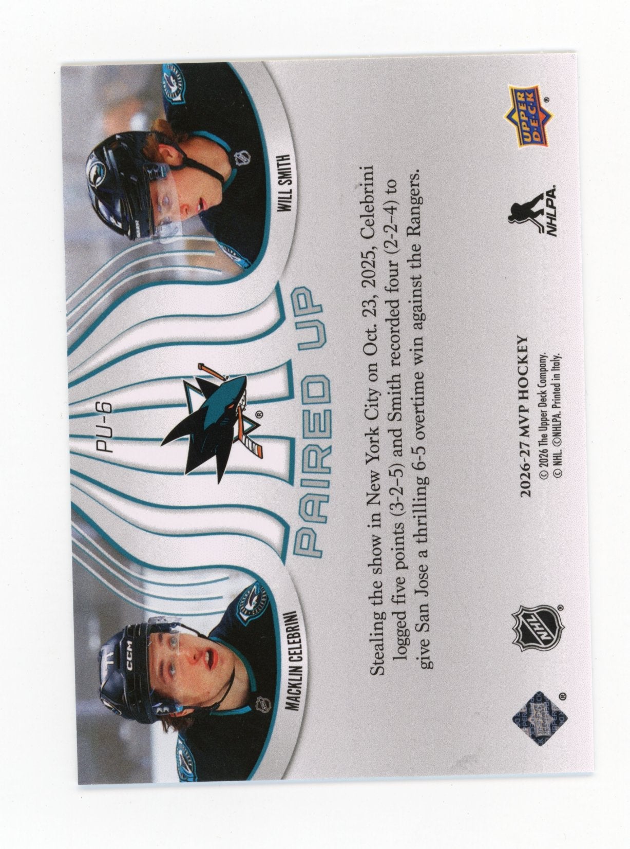 2026-27 Upper Deck MVP Will Smith / Macklin Celebrini #PU-6 Paired Up San Jose Sharks