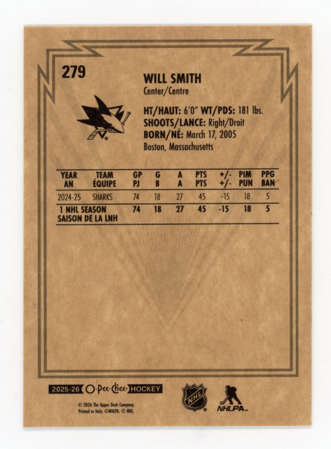2025-26 O-Pee-Chee Will Smith #279 Retro San Jose Sharks
