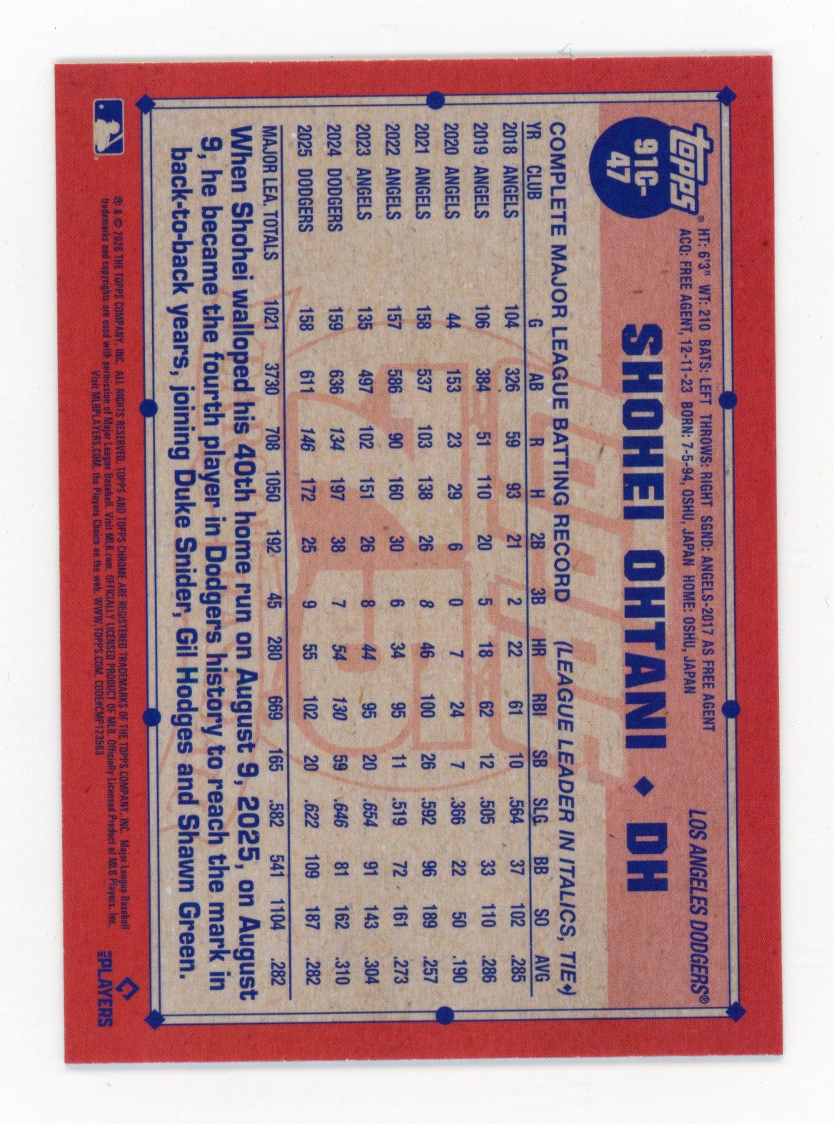 2026 Topps Shohei Ohtani #91C-47 1991 Topps Baseball 35th Anniversary Chrome (Series One) Los Angeles Dodgers