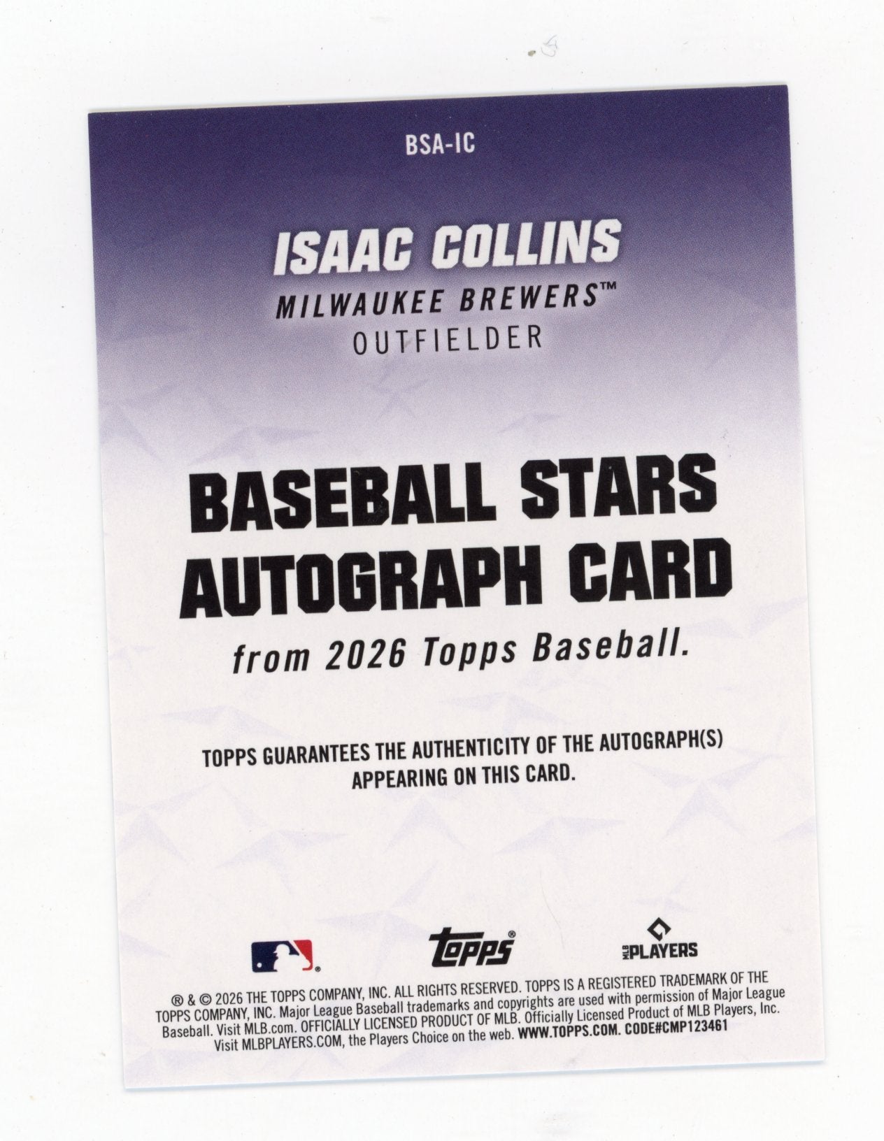 2026 Topps Isaac Collins #BSA-IC Baseball Stars Autographs (Series One) Milwaukee Brewers