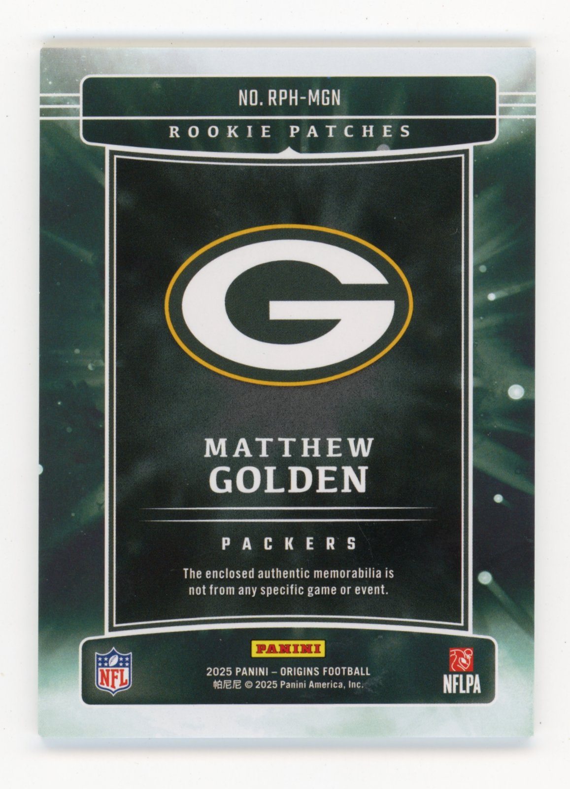 2025 Panini Origins Matthew Golden #RPH-MGN Rookie Patches #/199 Green Bay Packers
