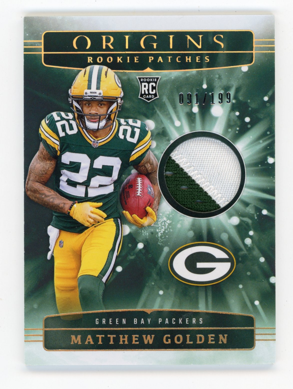 2025 Panini Origins Matthew Golden #RPH-MGN Rookie Patches #/199 Green Bay Packers