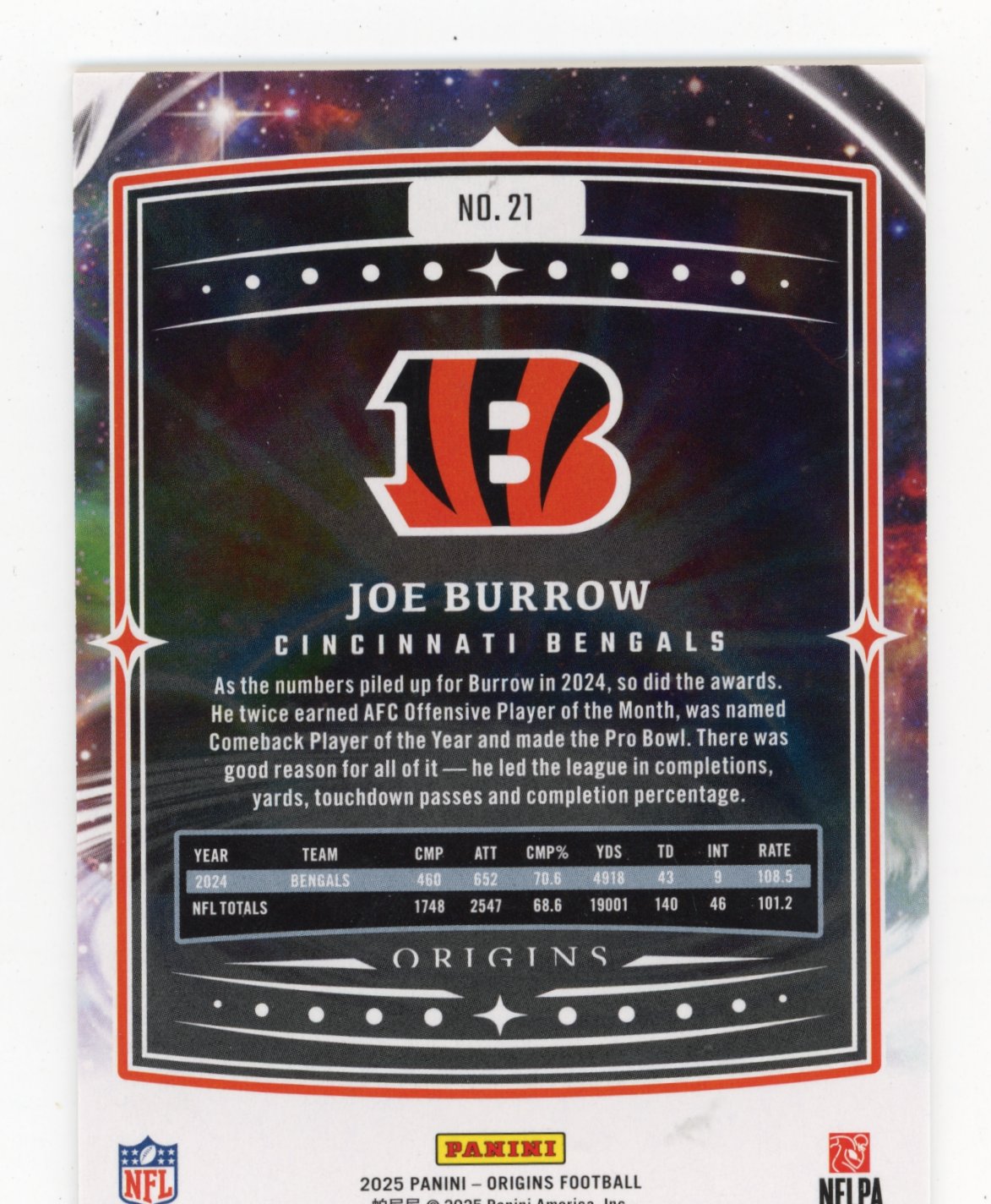 2025 Panini Origins Joe Burrow #21 Red #/225 Cincinnati Bengals