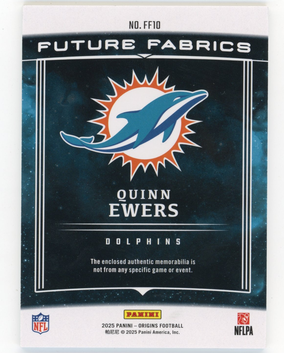 2025 Panini Origins Quinn Ewers #FF10 Future Fabrics #/199 Miami Dolphins