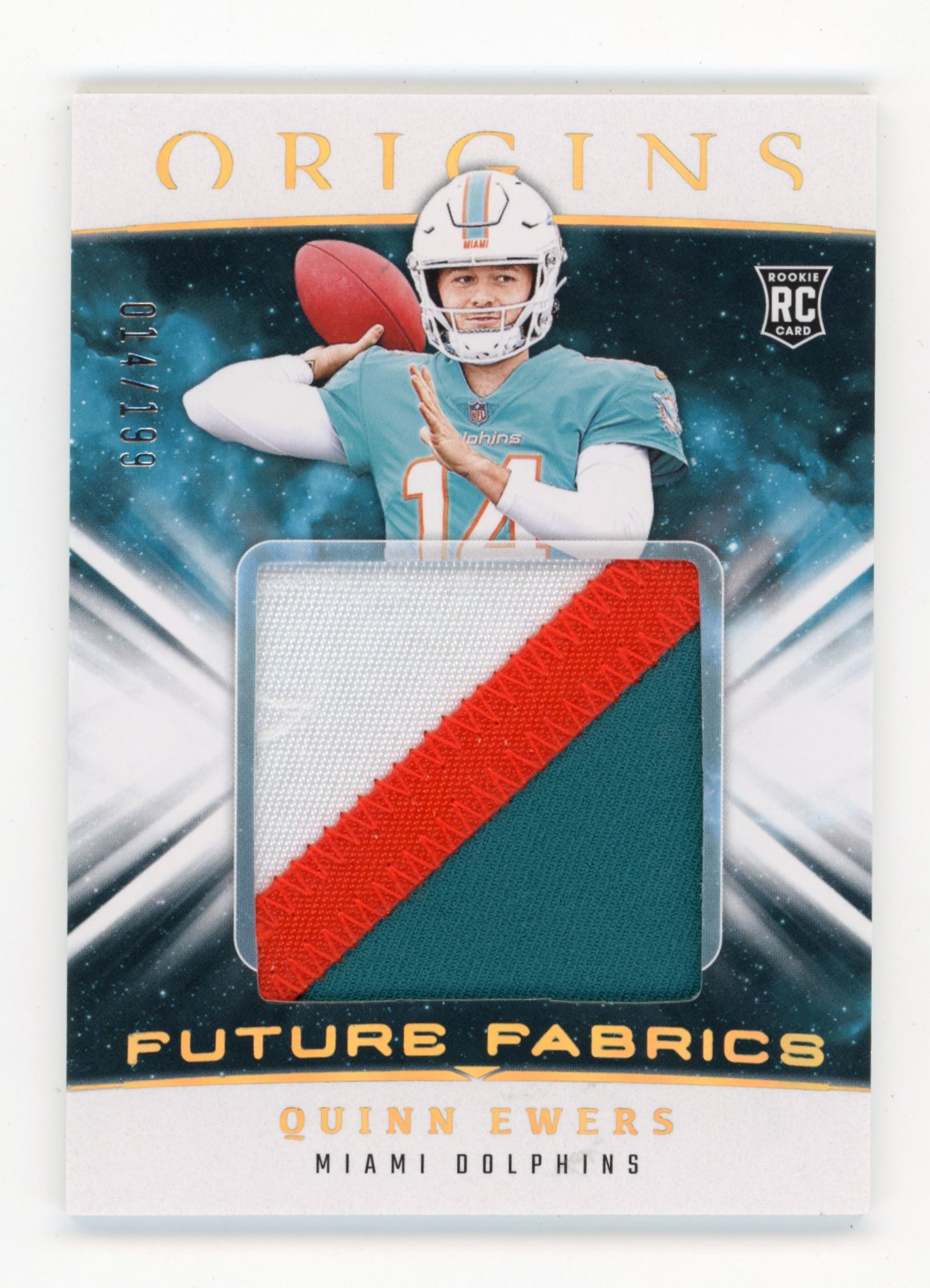 2025 Panini Origins Quinn Ewers #FF10 Future Fabrics #/199 Miami Dolphins