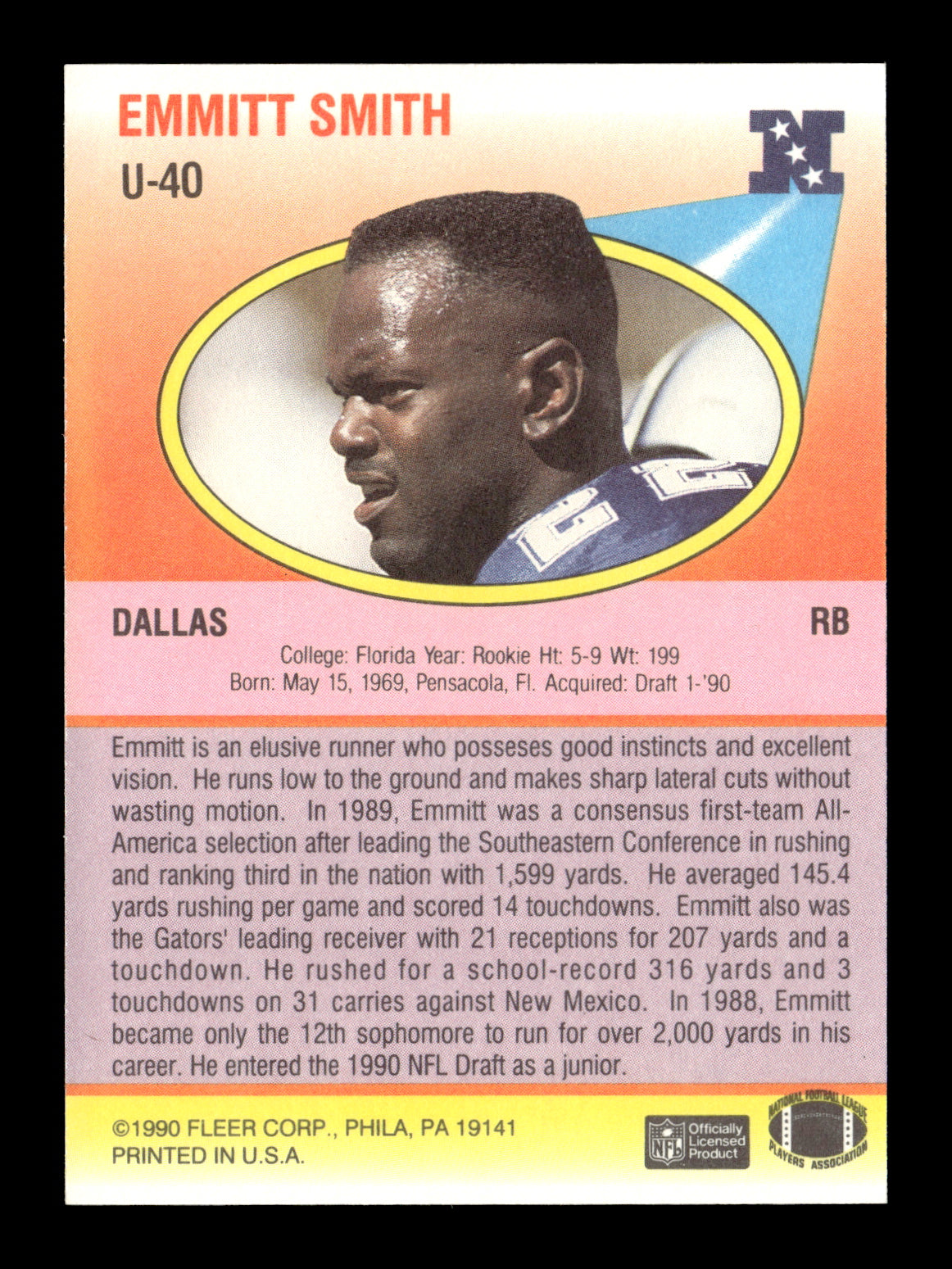 1990 Fleer Update Emmitt Smith #U-40 Dallas Cowboys