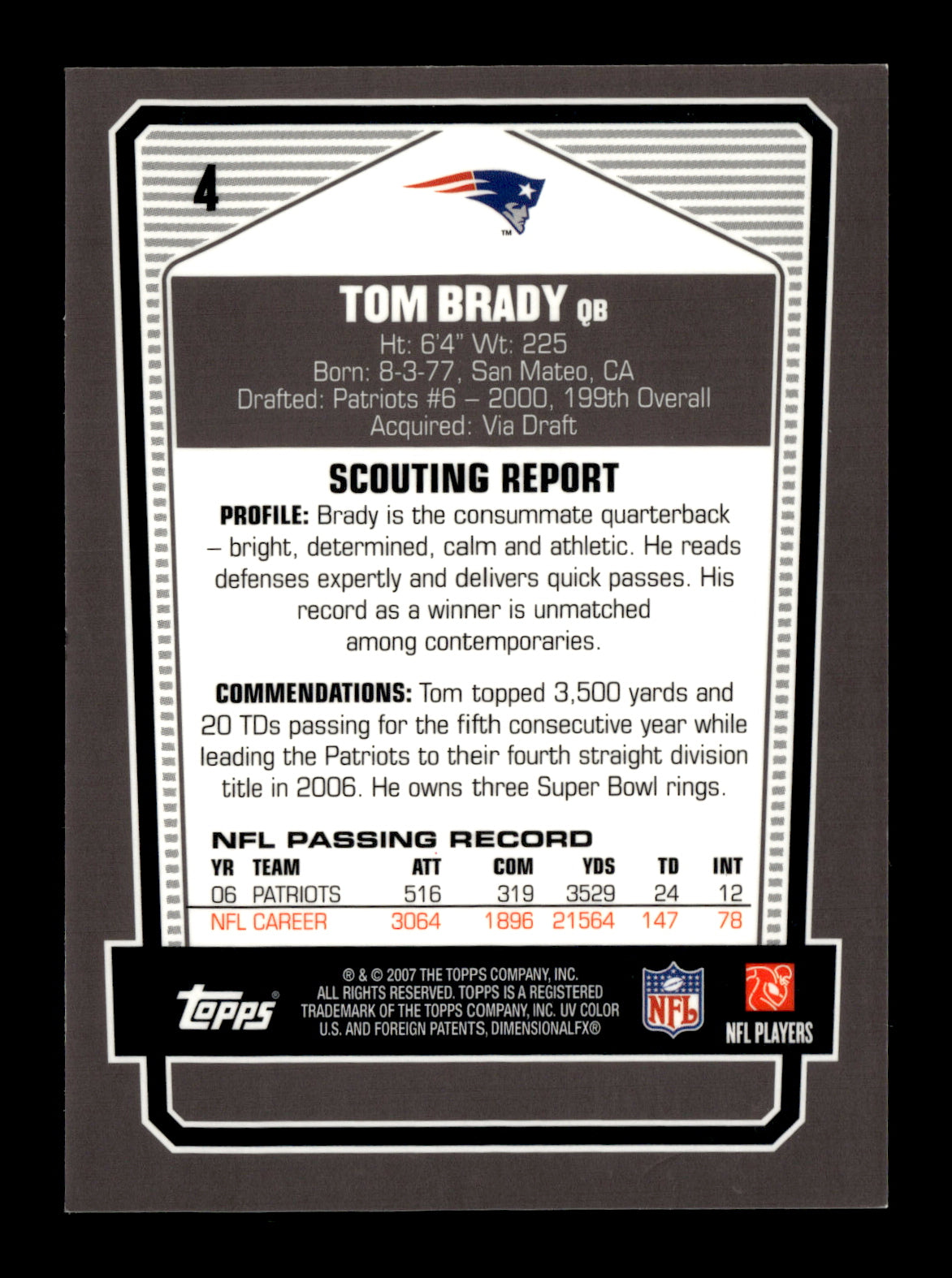 2007 Topps Draft Picks & Prospects Tom Brady #4 Chrome Black New England Patriots