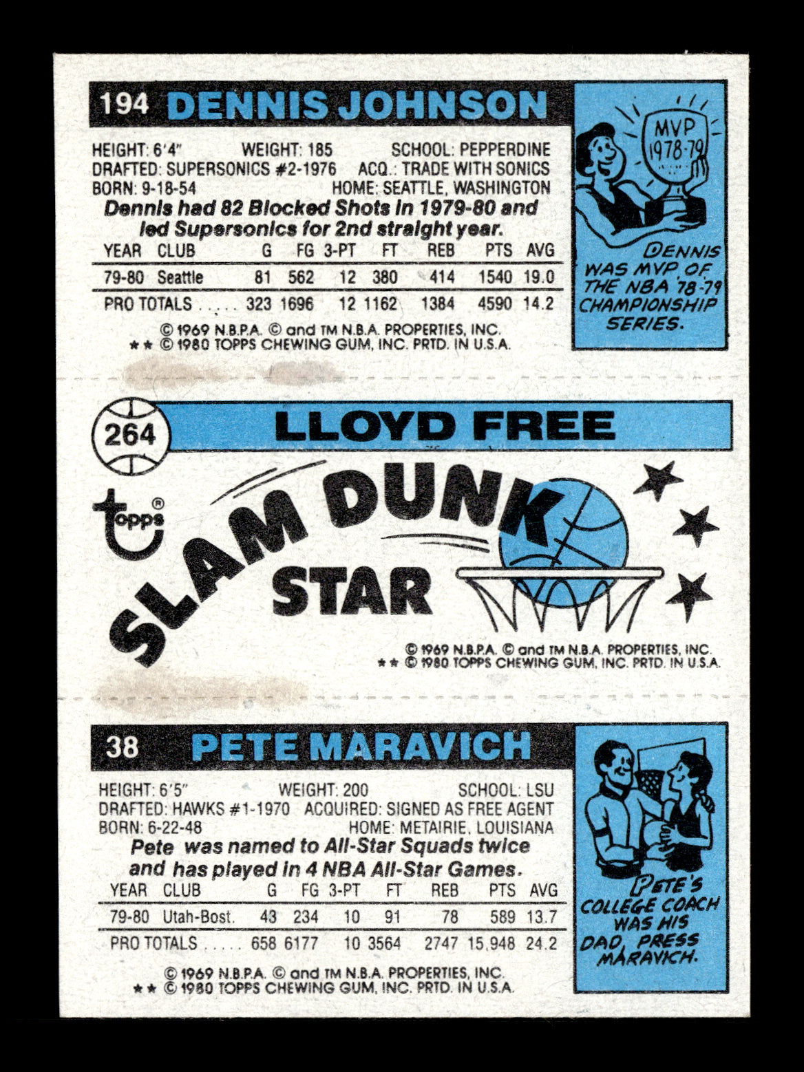 1980-81 Topps Pete Maravich / Lloyd Free / Dennis Johnson #38 / 194 / 264