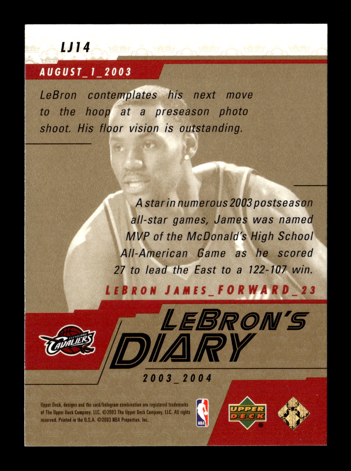2003-04 Upper Deck LeBron James #LJ14 LeBron's Diary Cleveland Cavaliers