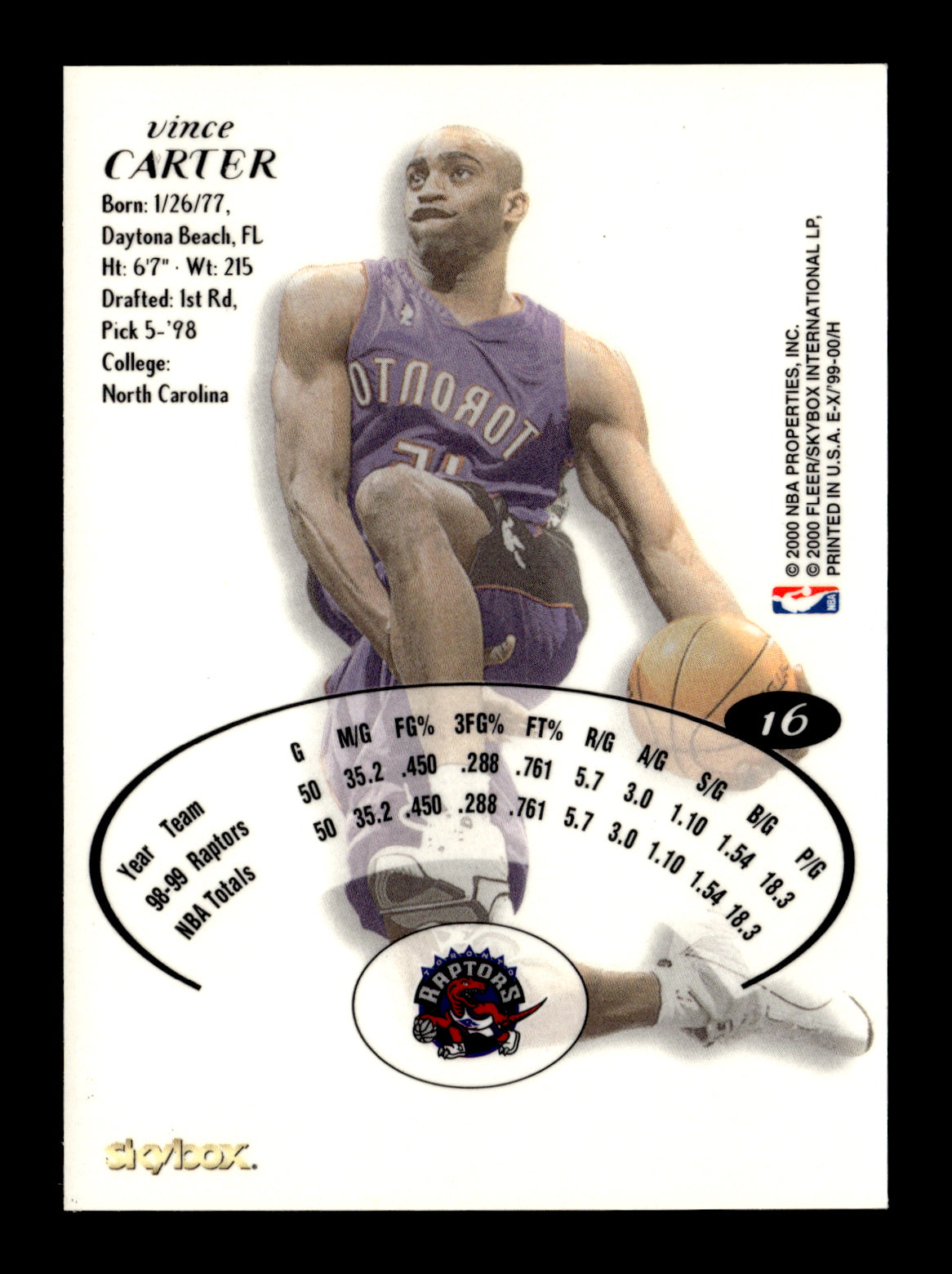 1999-00 E-X Vince Carter #16 Toronto Raptors