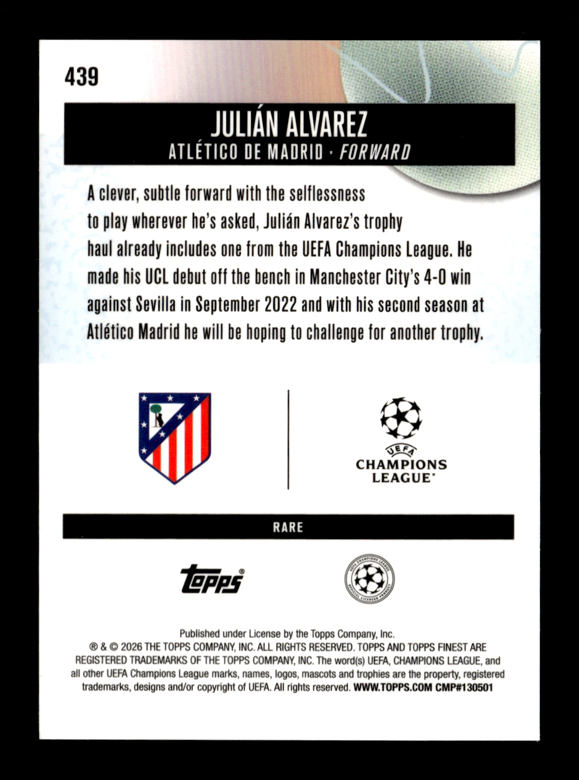 2025-26 Finest UEFA Club Competitions Julián Alvarez #439 Atletico Madrid
