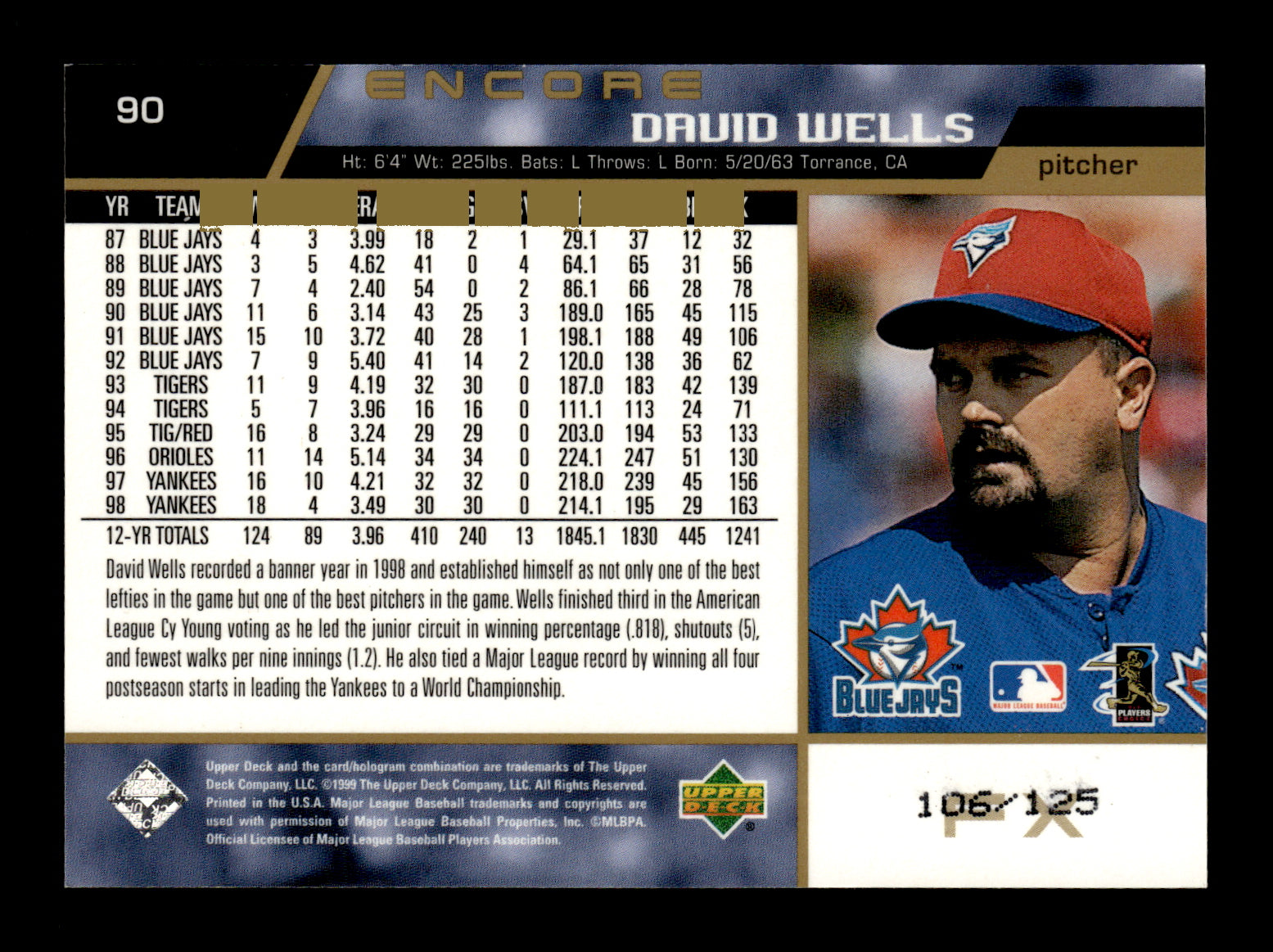 1999 Upper Deck Encore David Wells #90 Toronto Blue Jays