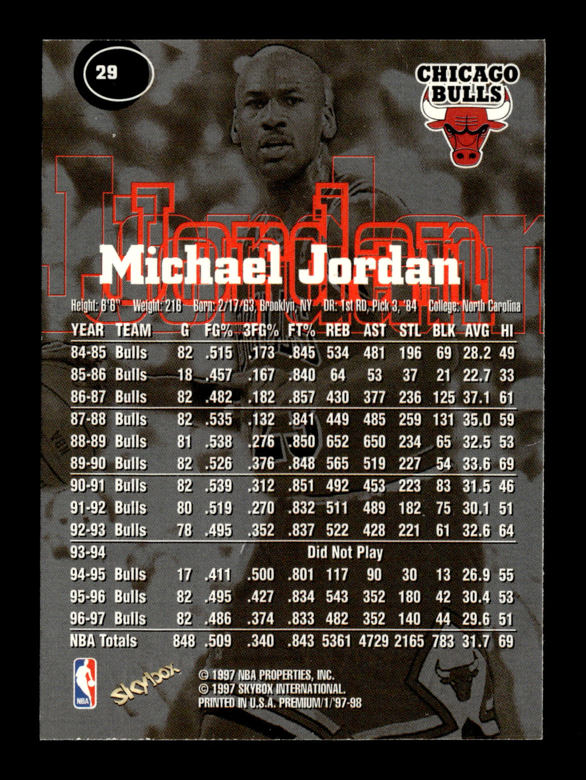 1997-98 SkyBox Premium Michael Jordan #29 Chicago Bulls