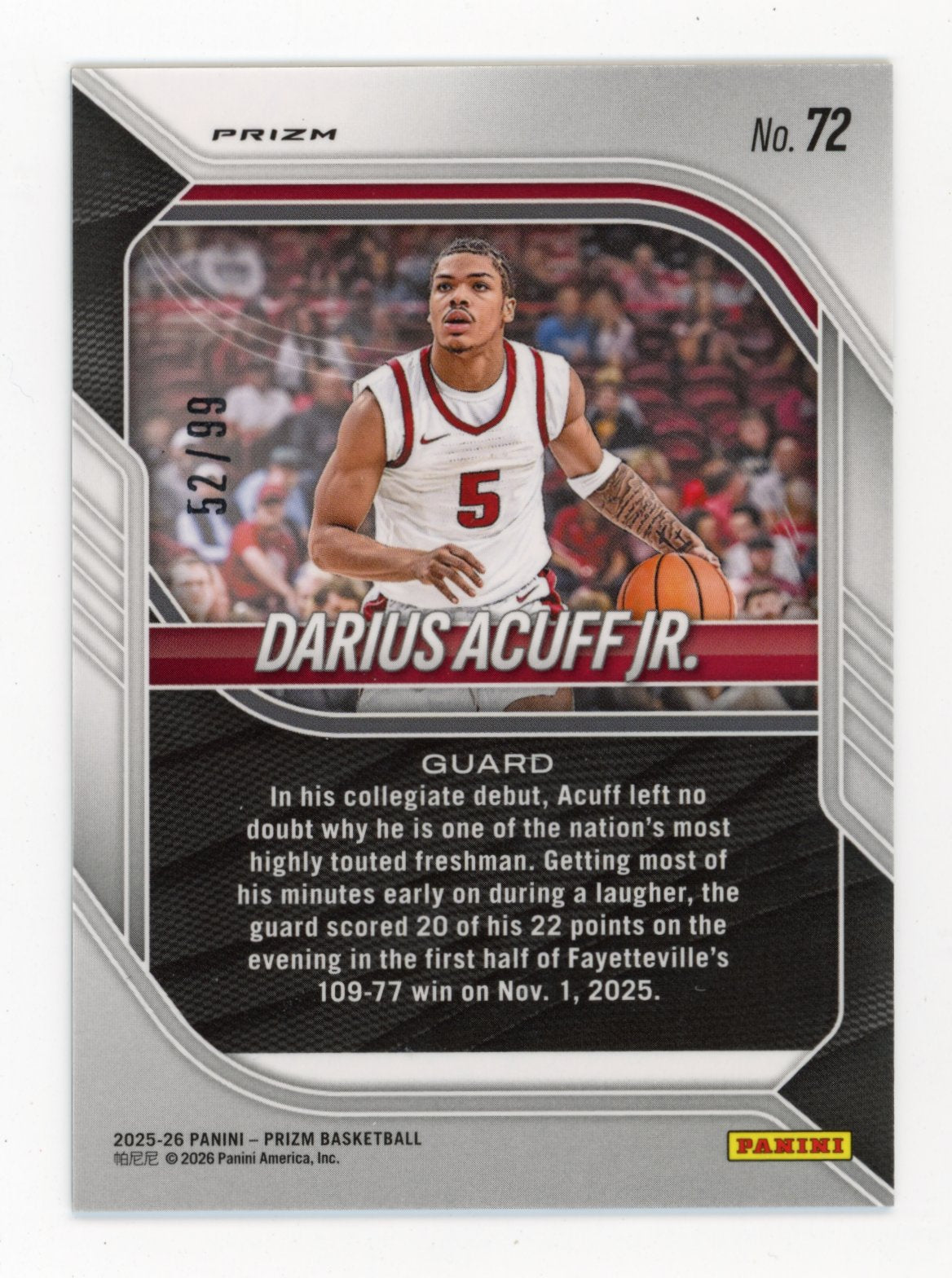 2025-26 Panini Prizm #72 Darius Acuff Jr. Arkansas White Laser /99