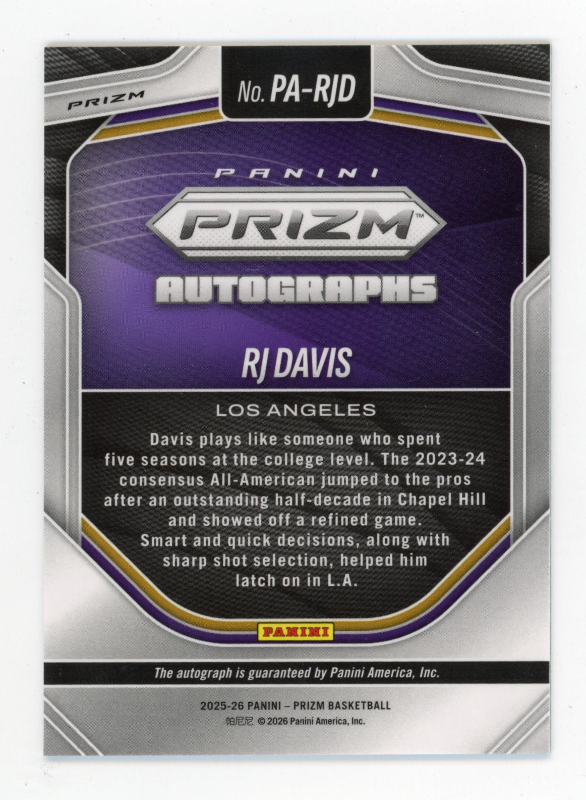 2025-26 Panini Prizm RJ Davis #PA-RJD Autographs