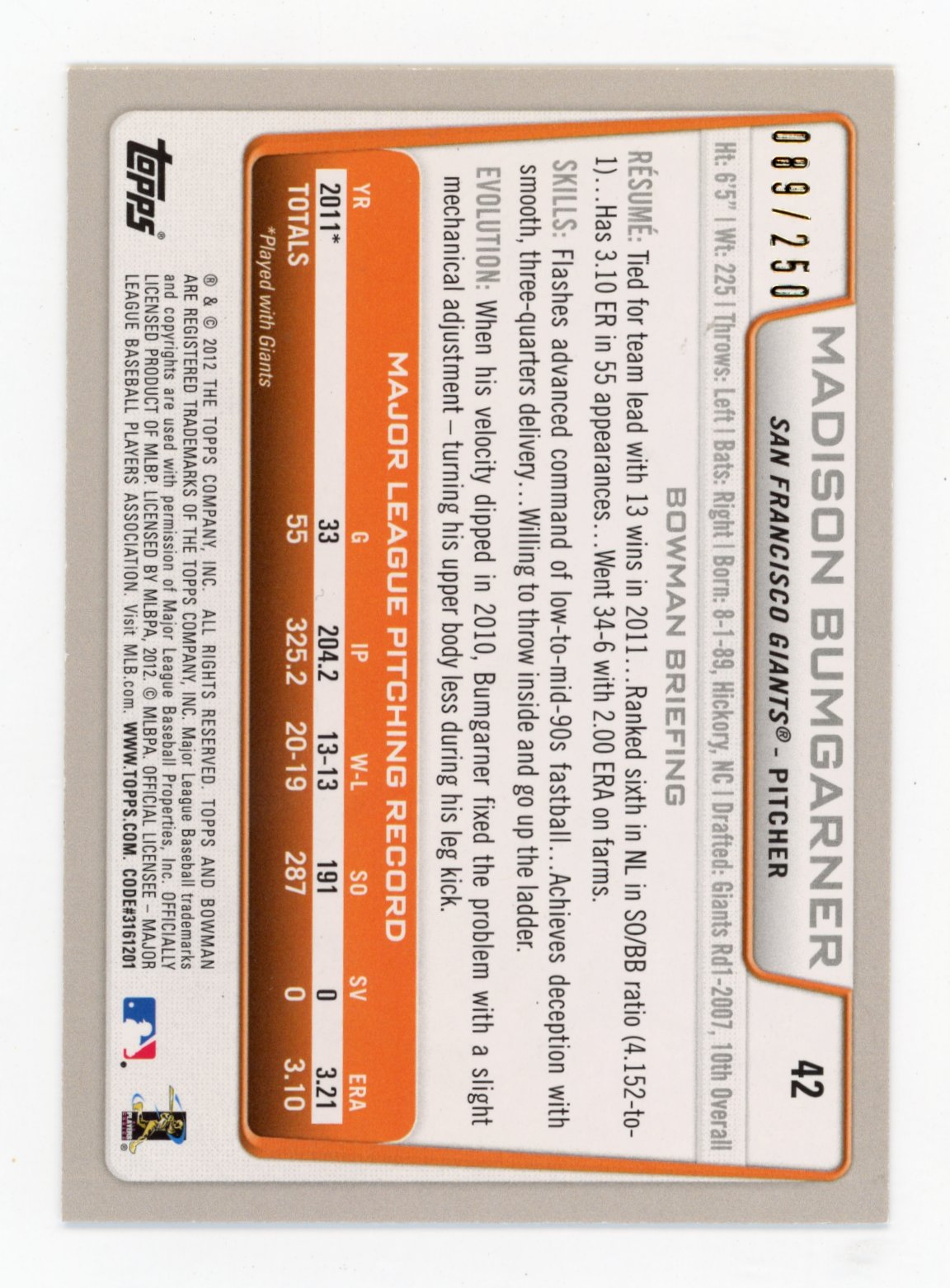 2012 Bowman #42 Madison Bumgarner Orange #/250 San Francisco Giants