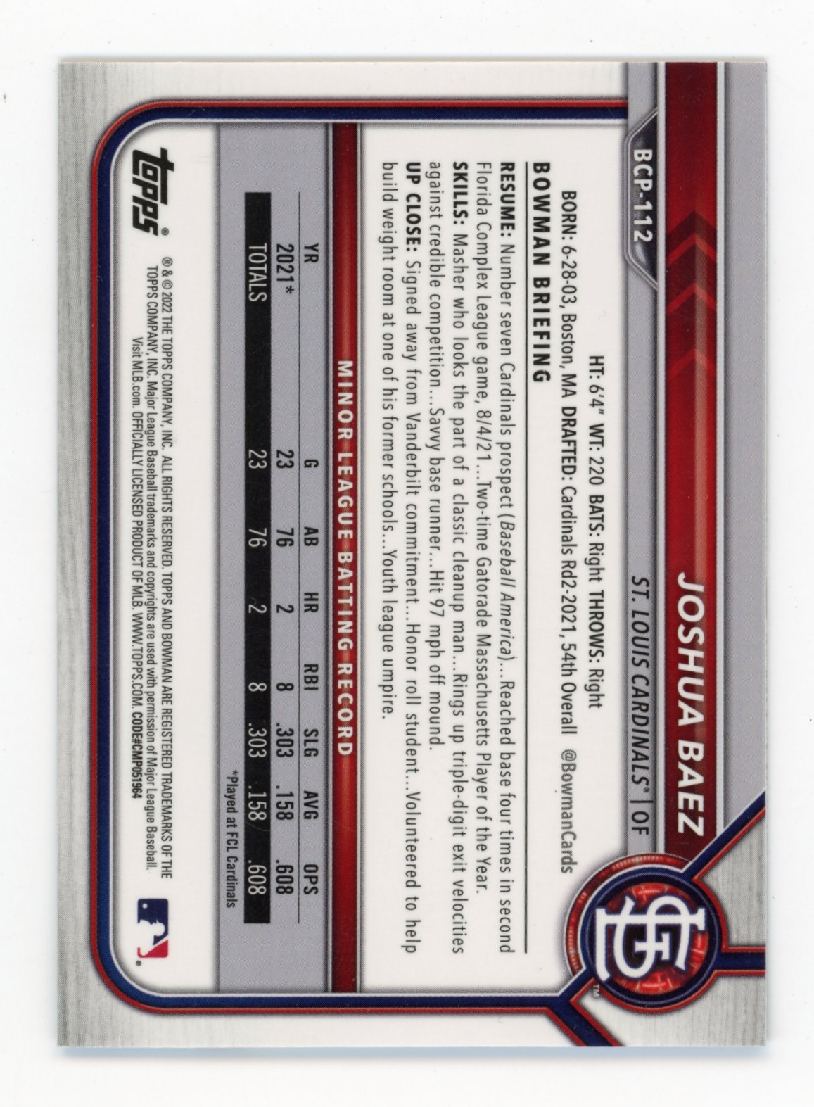 2022 Bowman Sapphire Edition Joshua Baez #BCP-112 St. Louis Cardinals