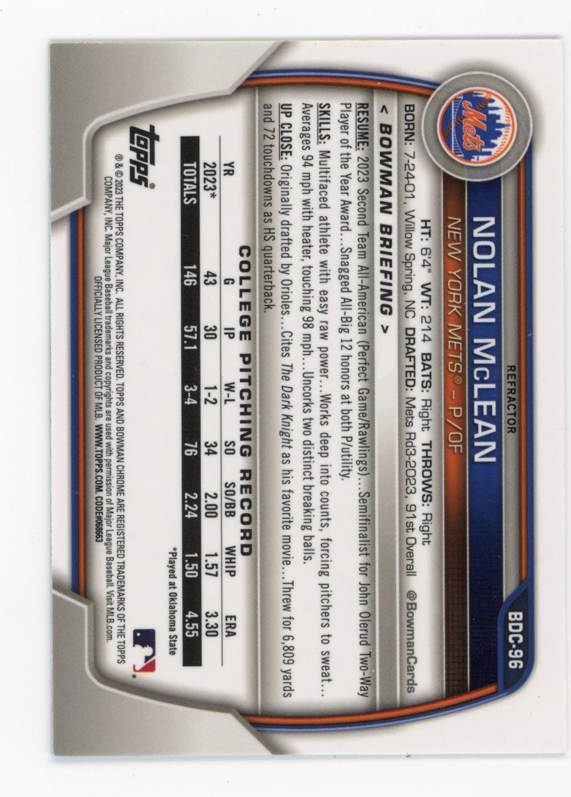 2023 Bowman Draft Nolan McLean #BDC-96 - Chrome Refractor New York Mets