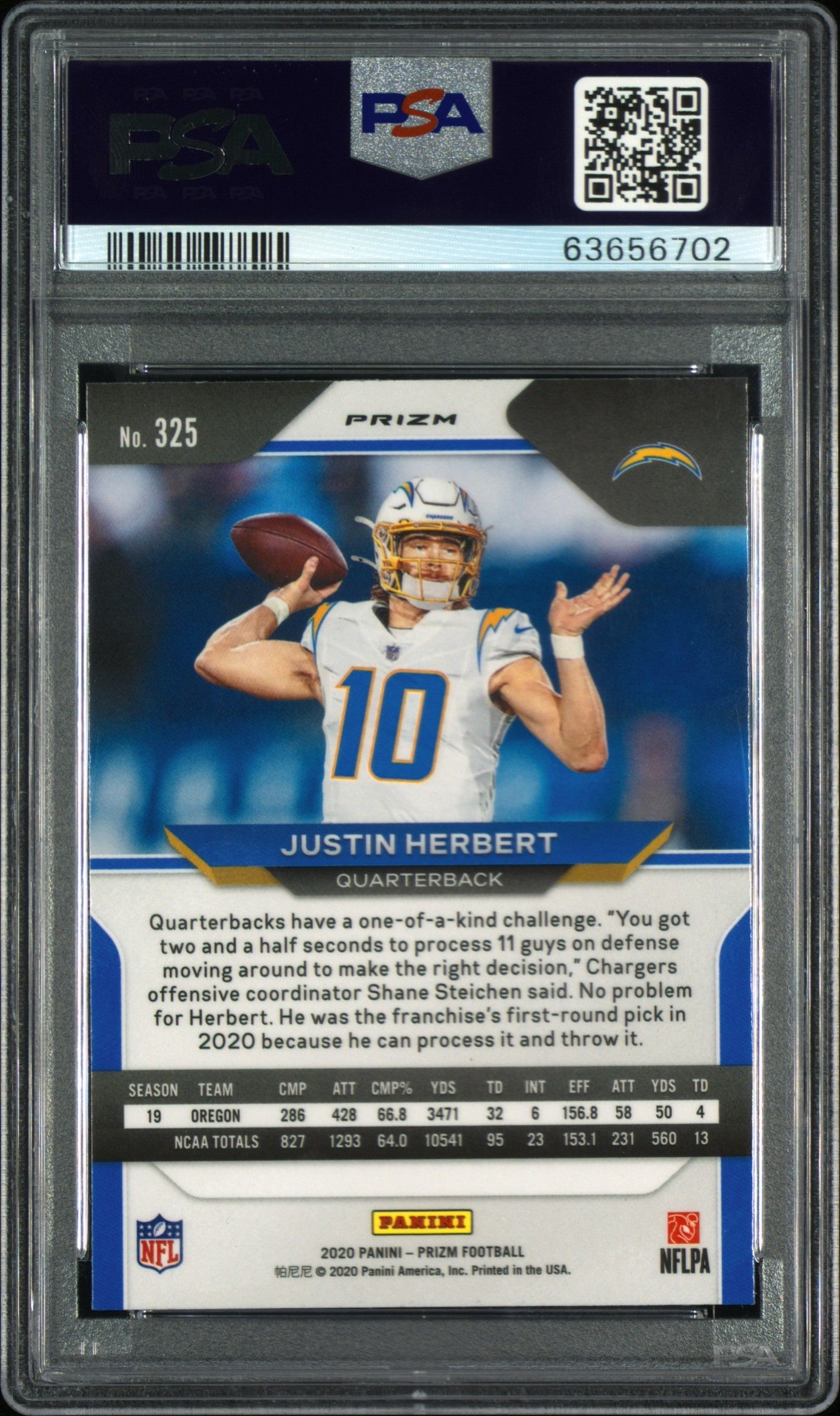 2020 Panini Prizm Justin Herbert #325 Lazer Prizm PSA 10 Los Angeles Chargers