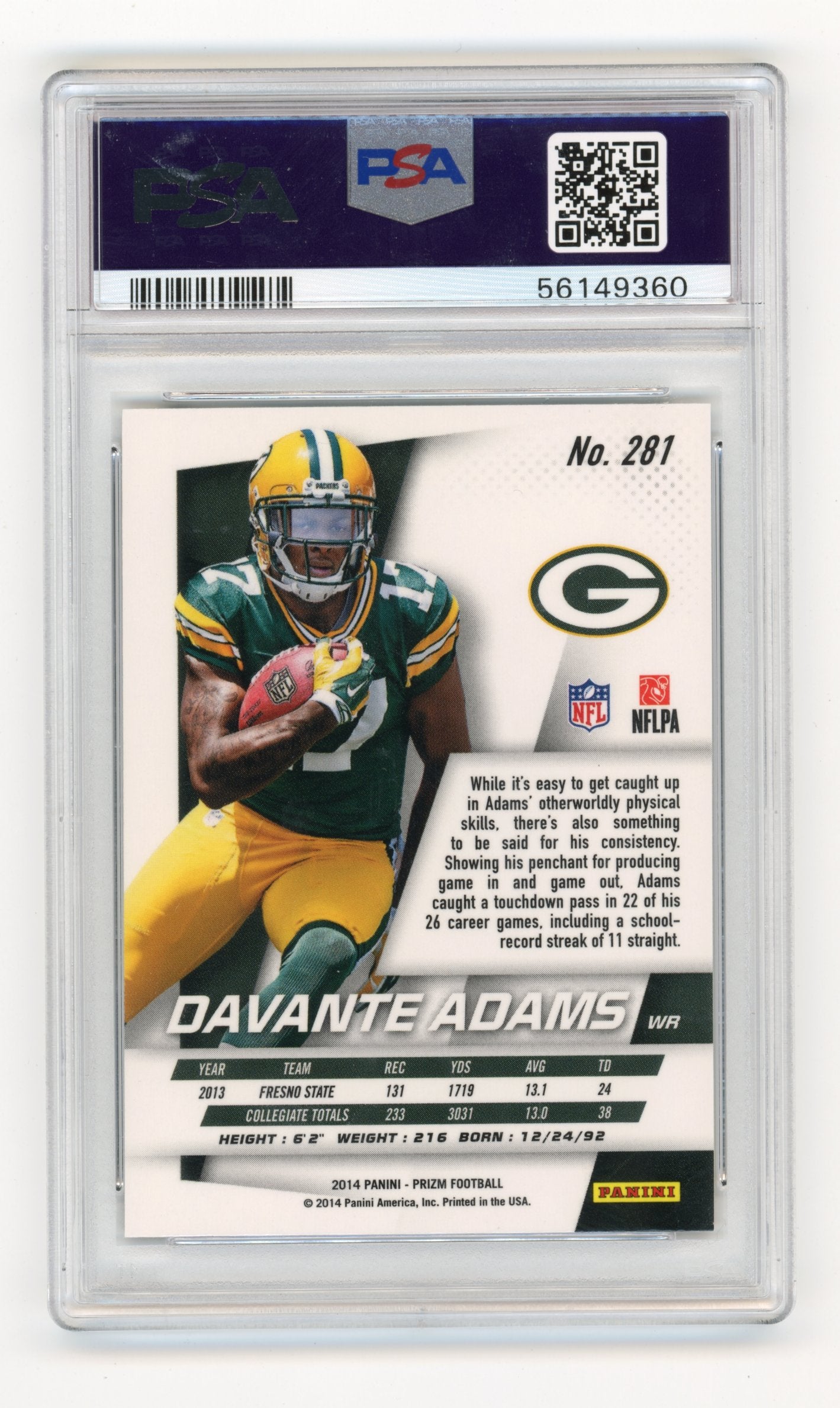 2014 Panini Prizm Davante Adams #281 PSA 10 Greenbay Packers
