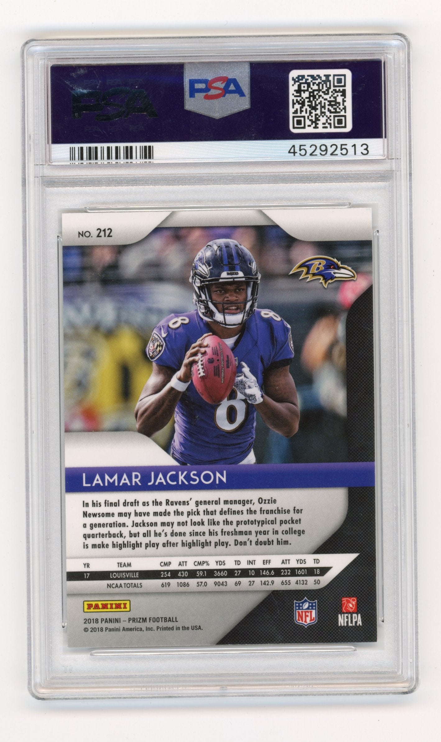 2018 Panini Prizm Lamar Jackson #212 PSA 9 Baltimore Ravens