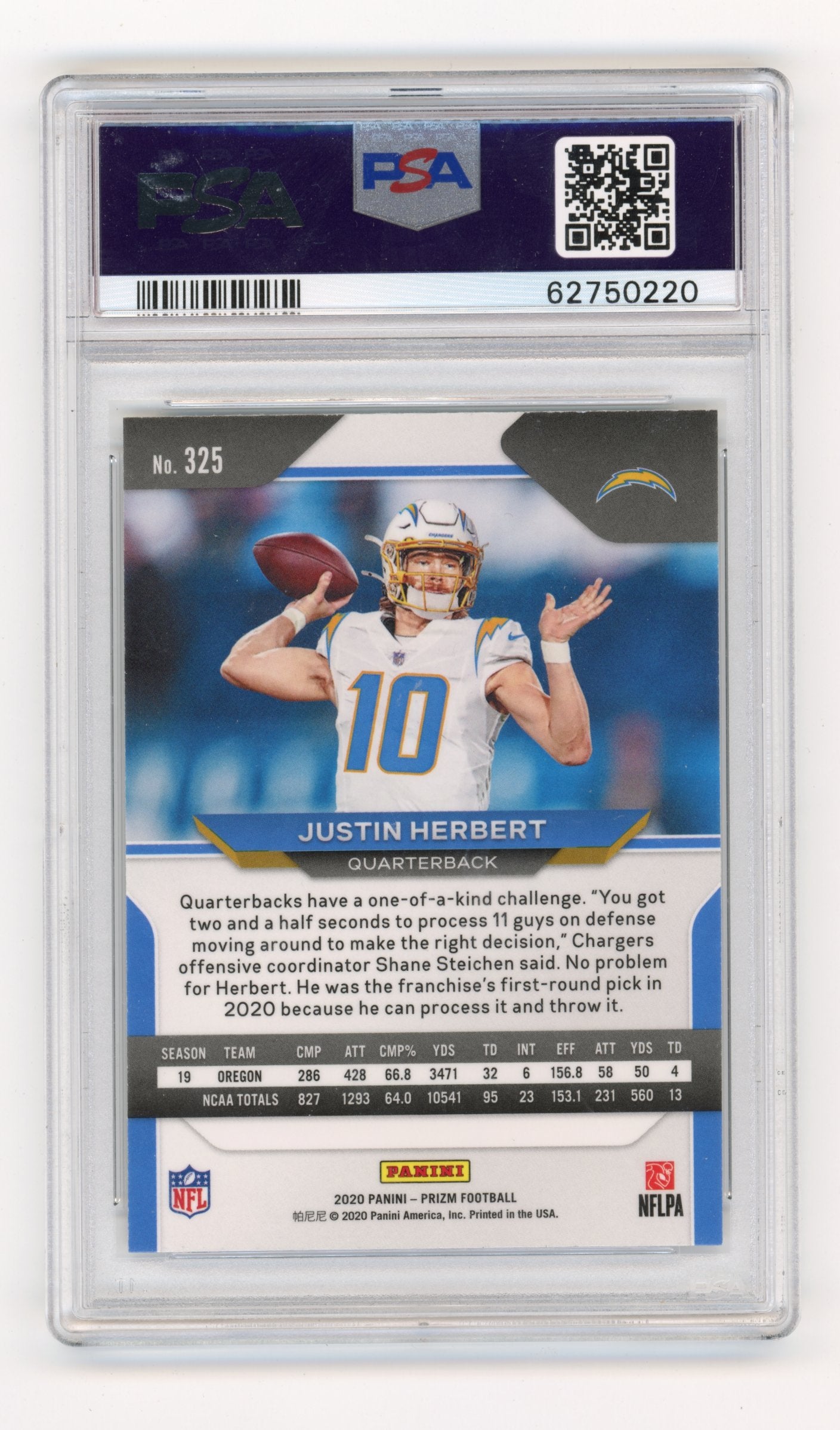 2020 Panini Prizm Justin Herbert #325 PSA 10 Los Angeles Chargers