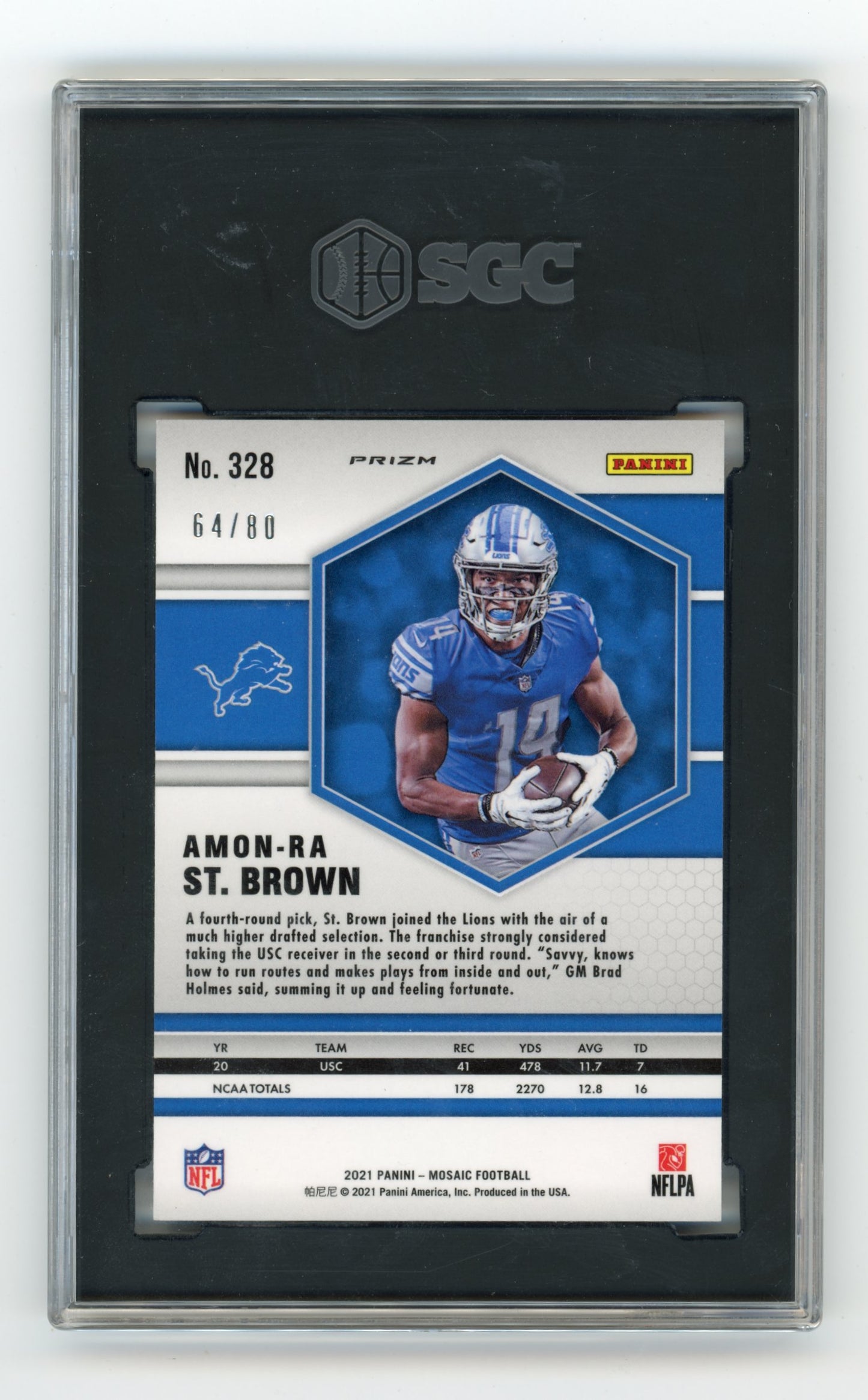 2021 Panini Mosaic Amon-Ra St. Brown #328 Choice Prizm Fusion Red and Yellow /80 SGC 9