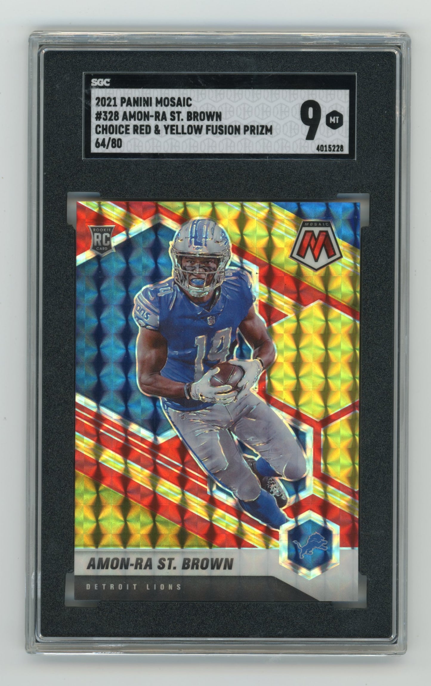 2021 Panini Mosaic Amon-Ra St. Brown #328 Choice Prizm Fusion Red and Yellow /80 SGC 9
