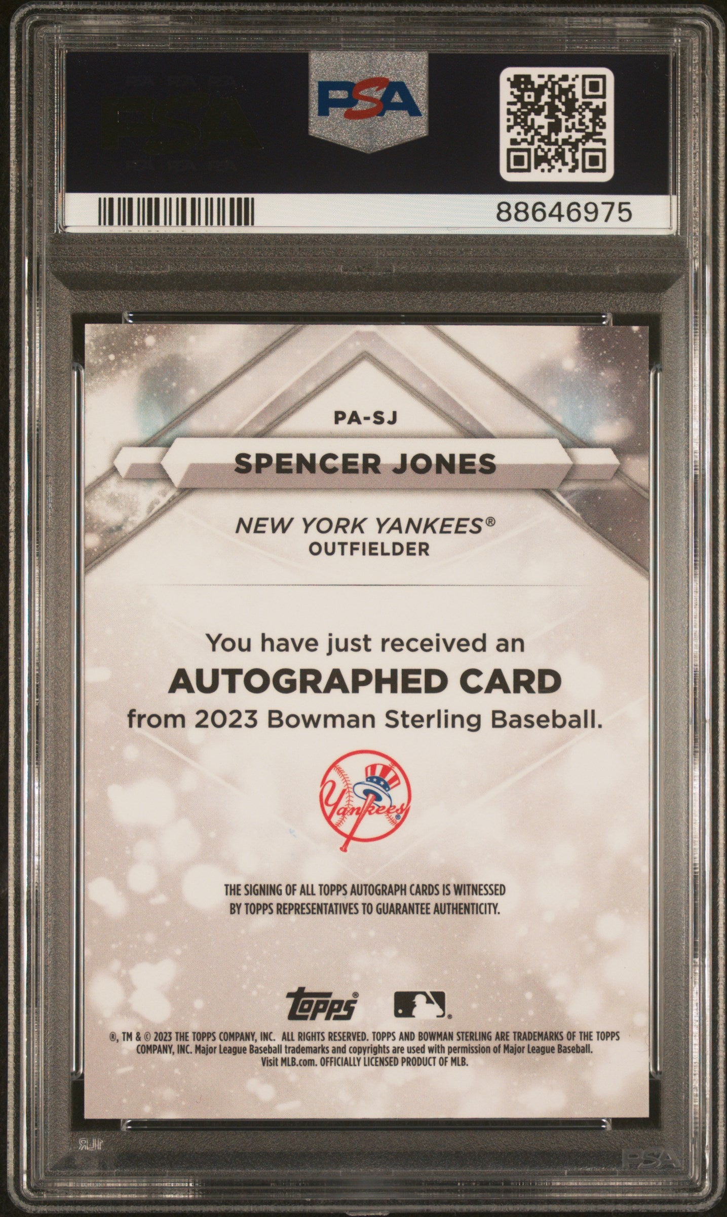 2023 Bowman Sterling Prospect Auto #PASJ Spencer Jones  Auto-Gold Ref PSA 10