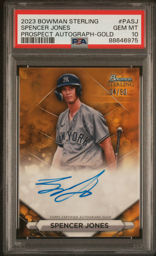 2023 Bowman Sterling Prospect Auto #PASJ Spencer Jones  Auto-Gold Ref PSA 10