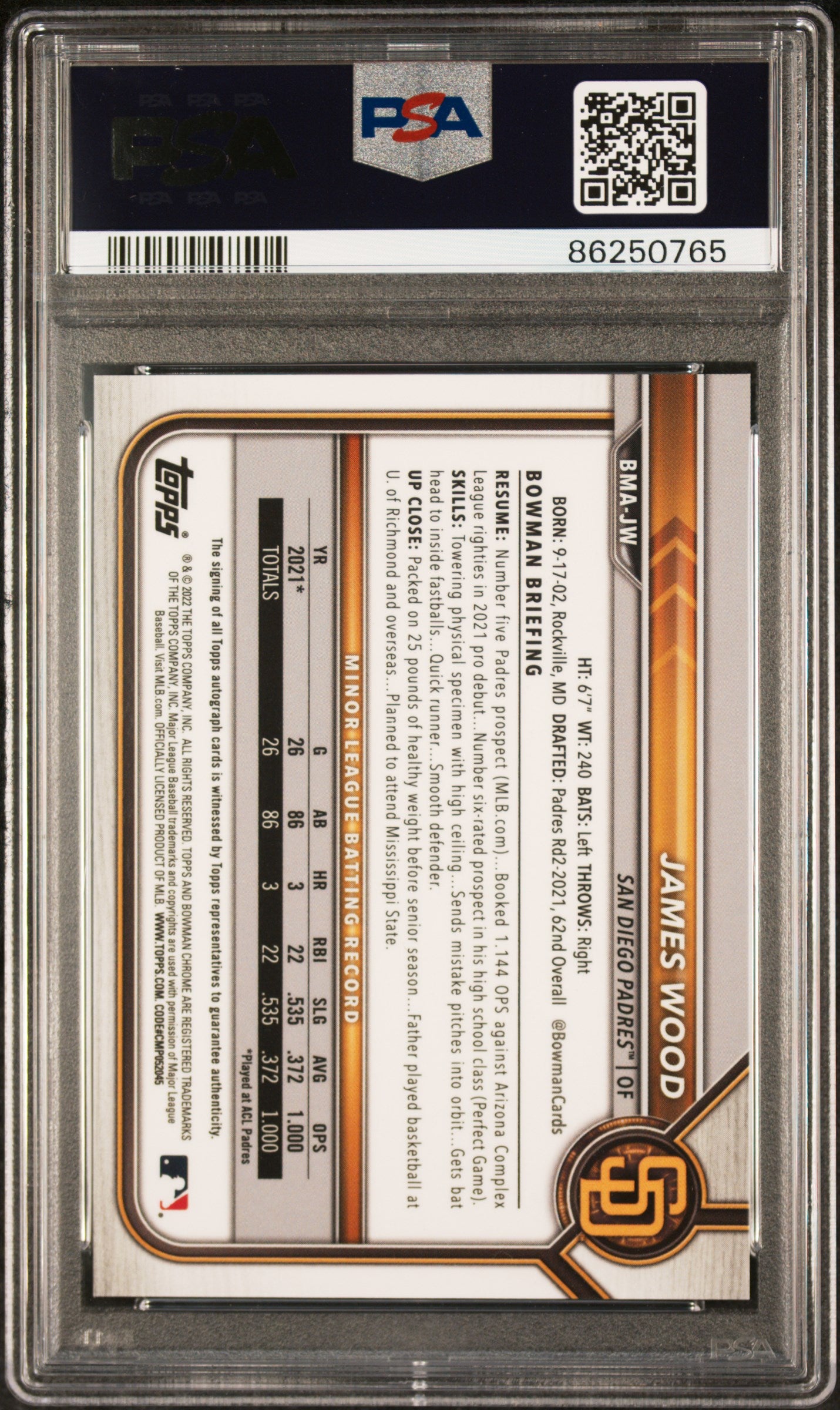 2022 Bowman Mega Box Chrome Auto #JW James Wood Chrome Auto-Green Ref. PSA 10