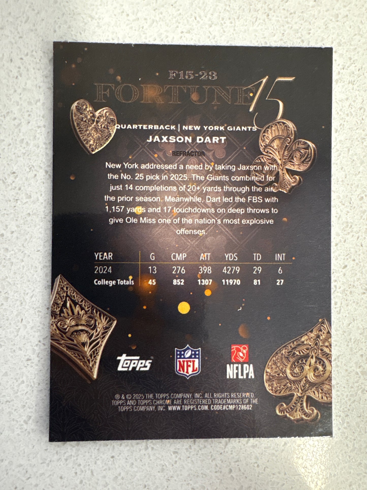 2025 Topps Chrome Jaxson Dart Fortune 15 #F15-23 Giants