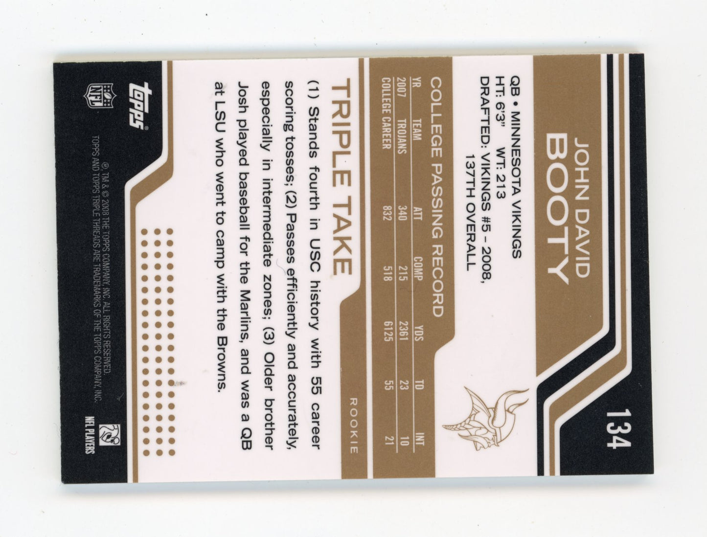 2008 Topps Triple Threads John David Booty RC #134 - Auto Relic #/75 Vikings
