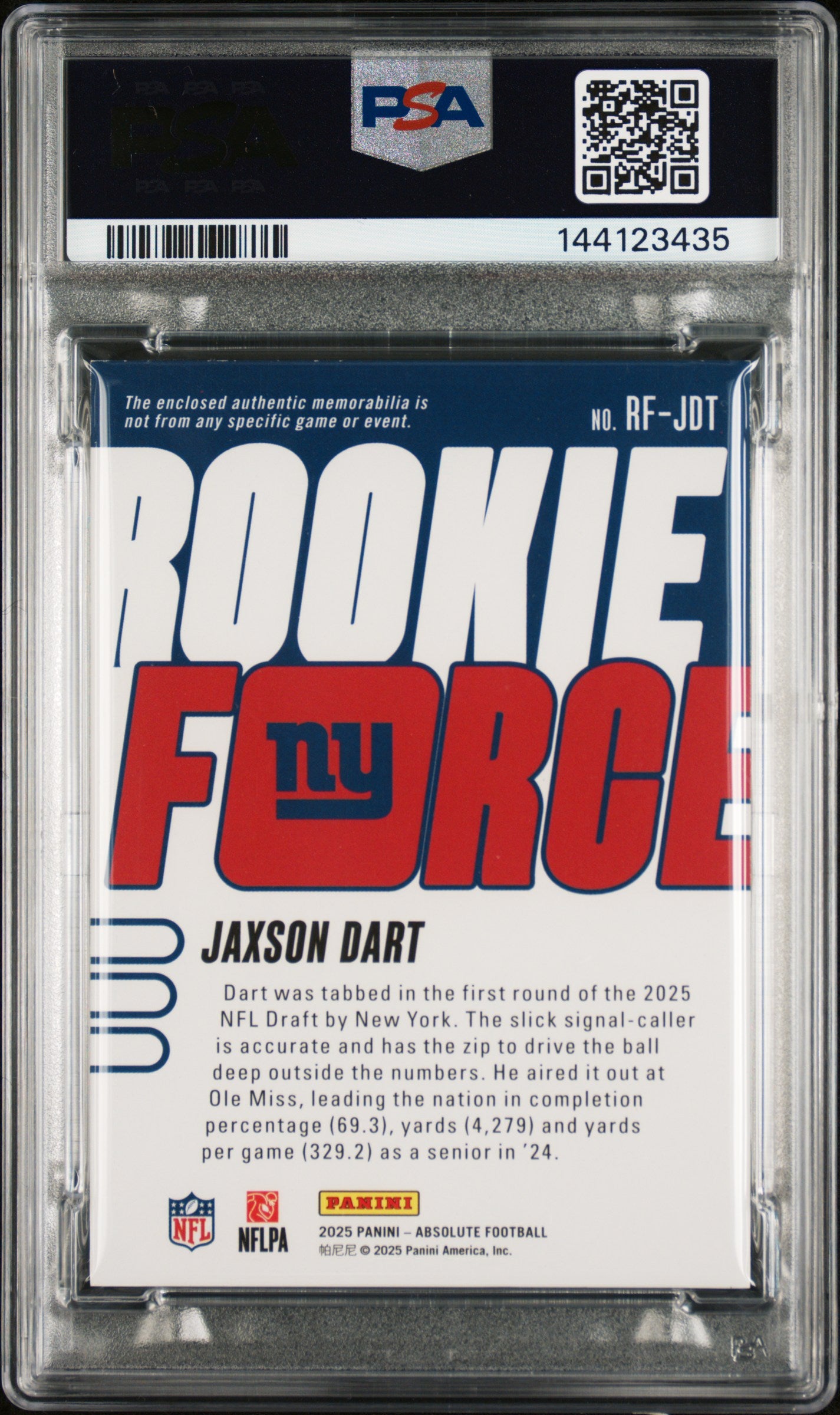 2025 Panini Absolute Rookie Force Jaxson Dart RC #RF-JDT - Relic Gold #/99 PSA 8