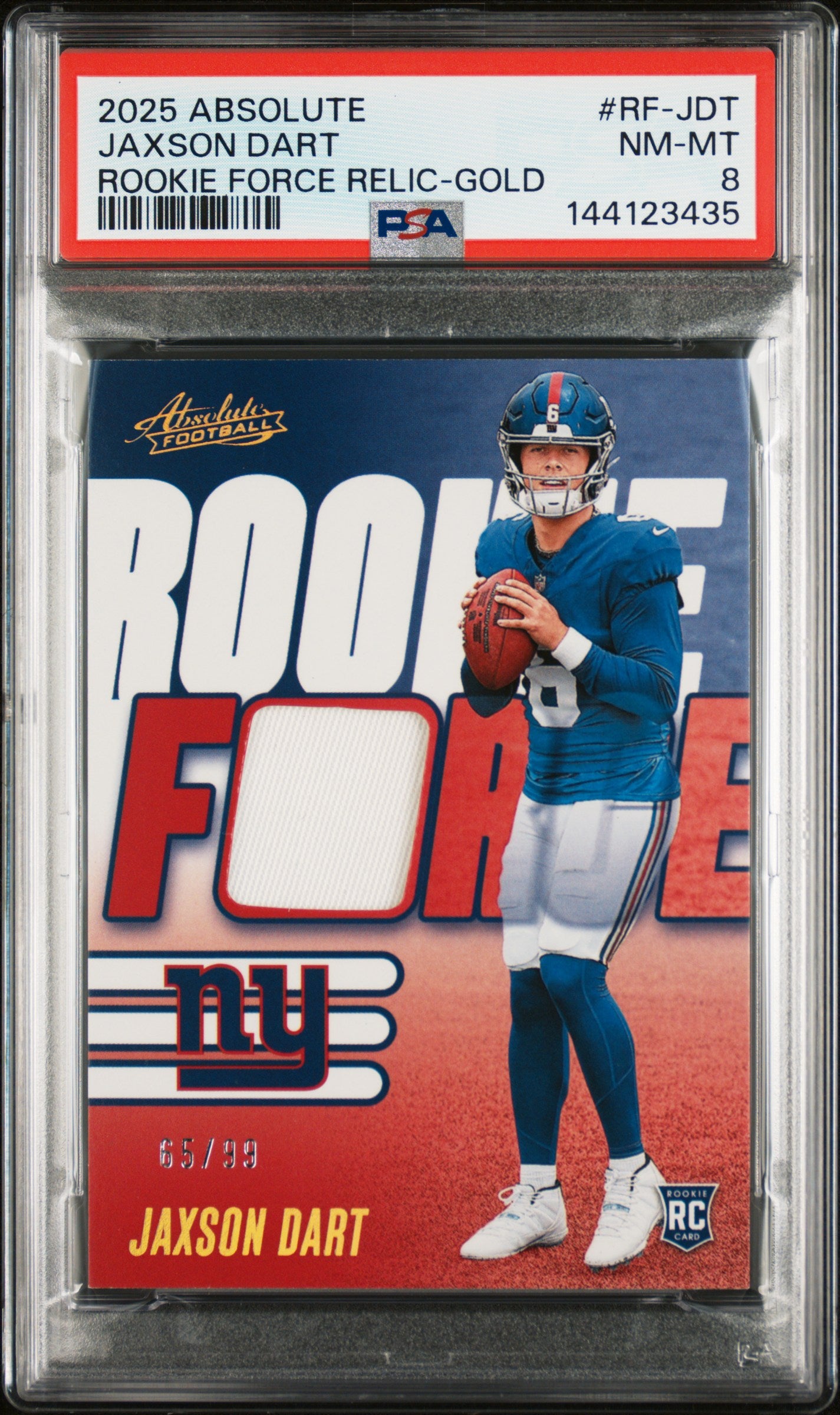 2025 Panini Absolute Rookie Force Jaxson Dart RC #RF-JDT - Relic Gold #/99 PSA 8