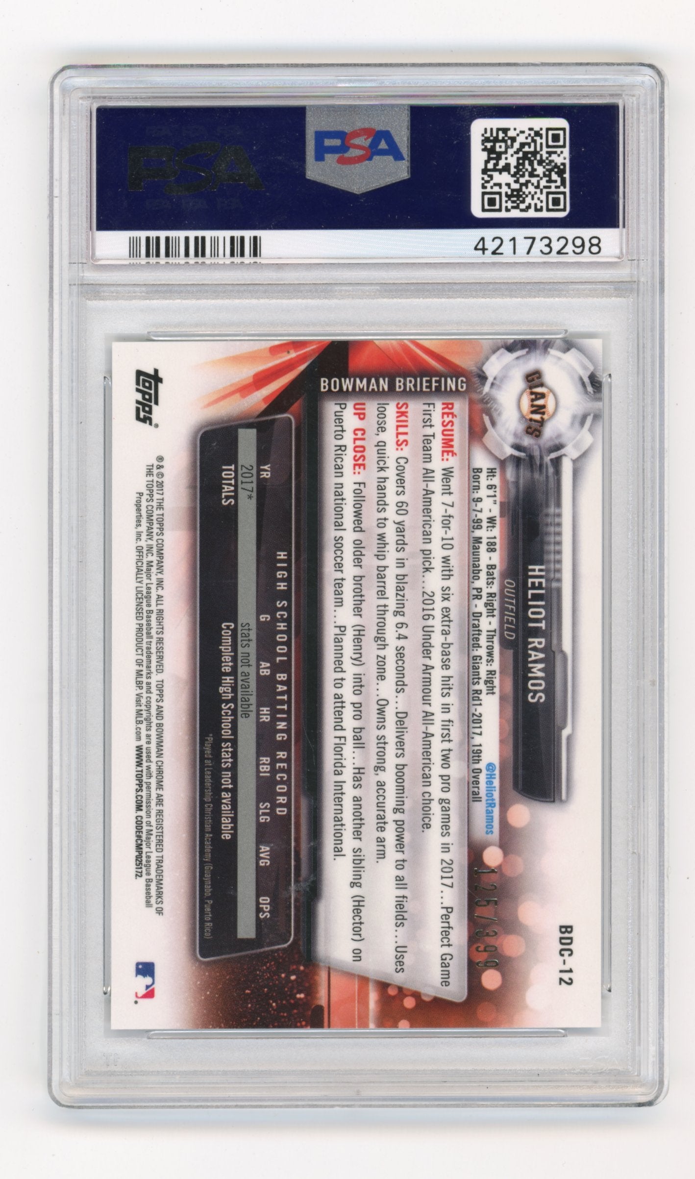 2017 Bowman Draft Heliot Ramos #BDC12 Chrome-Sky Blue Ref. PSA 10 Giants
