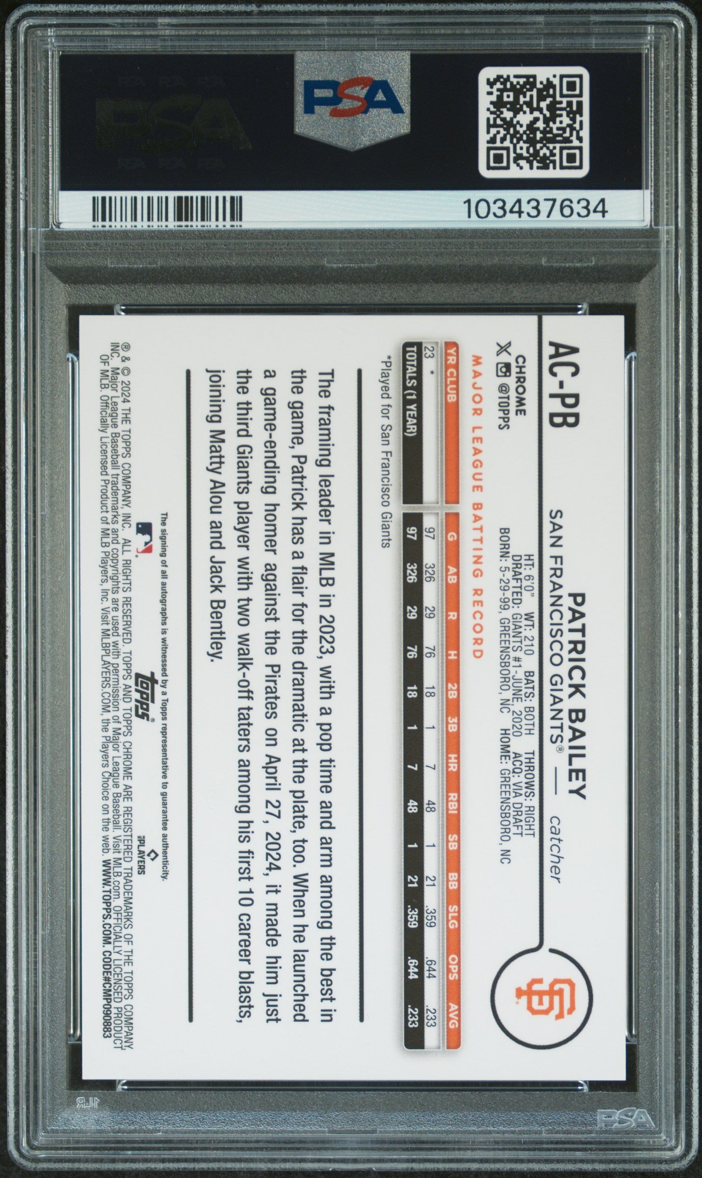 2024 Topps Chrome Update Patrick Bailey #ACPB - Auto Purple PSA 10