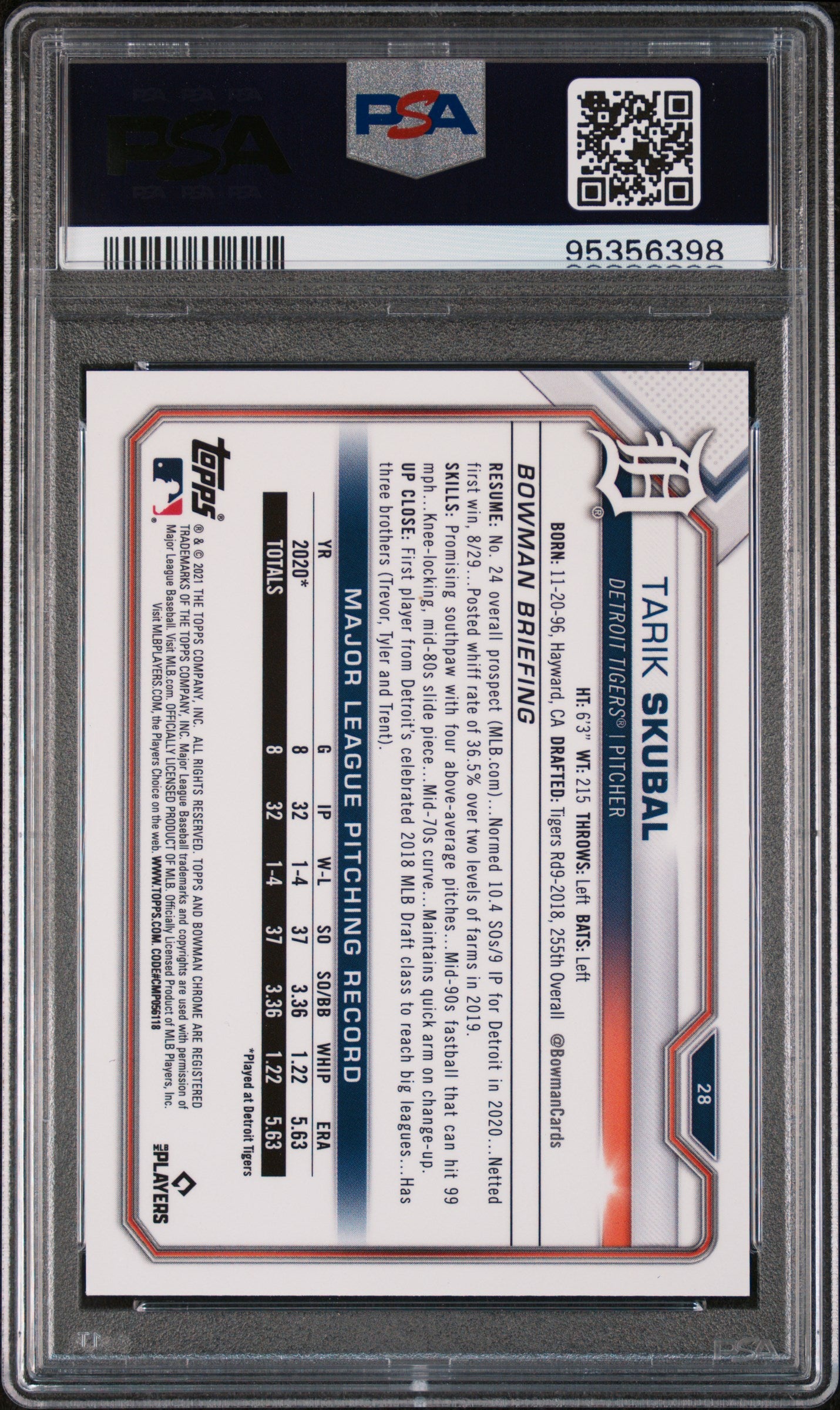 2021 Bowman Chrome Sapphire Edition Tarik Skubal #28 Orange PSA 9 Tigers