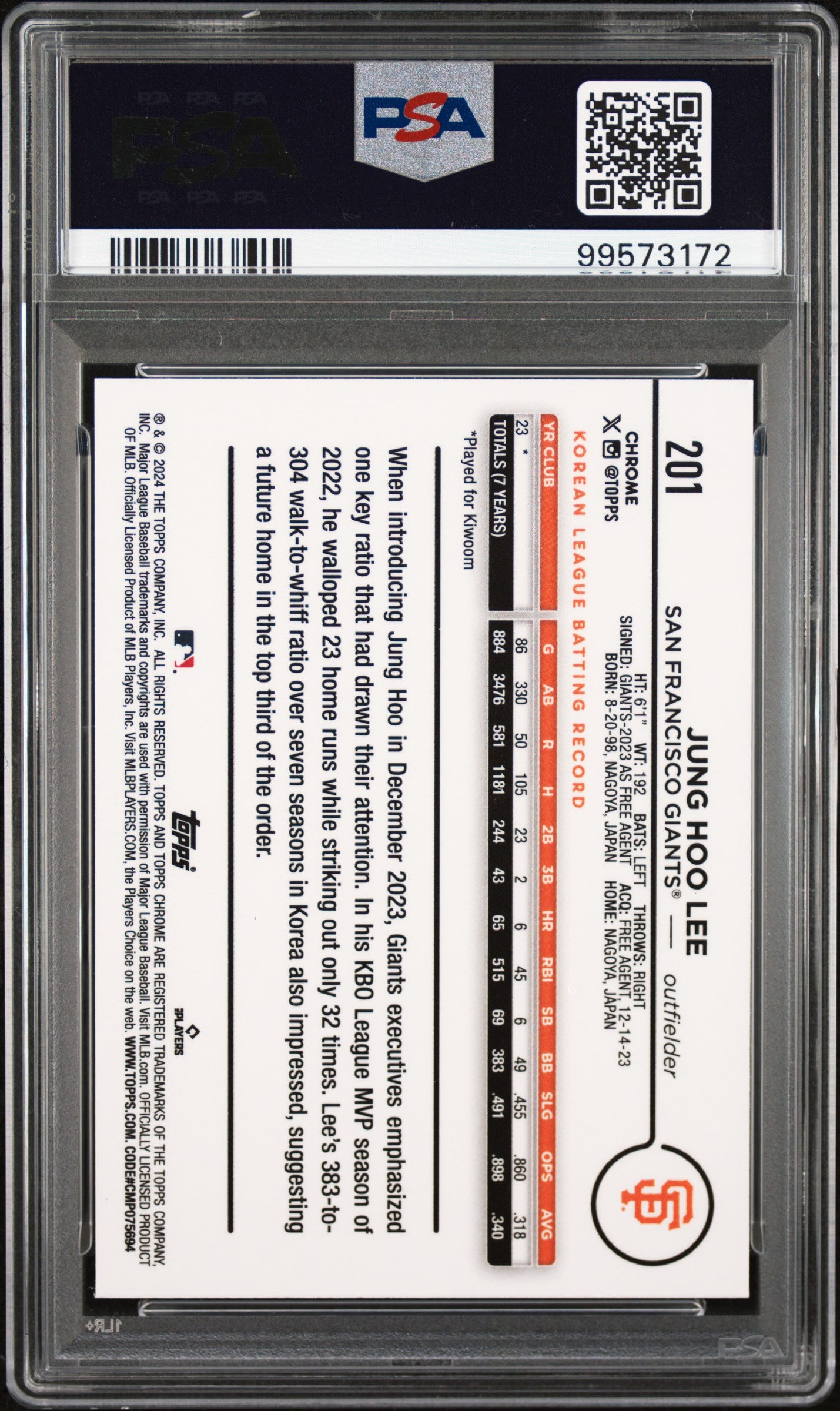 2024 Topps Chrome Jung Hoo Lee #201 Sepia Refractor PSA 10 Giants