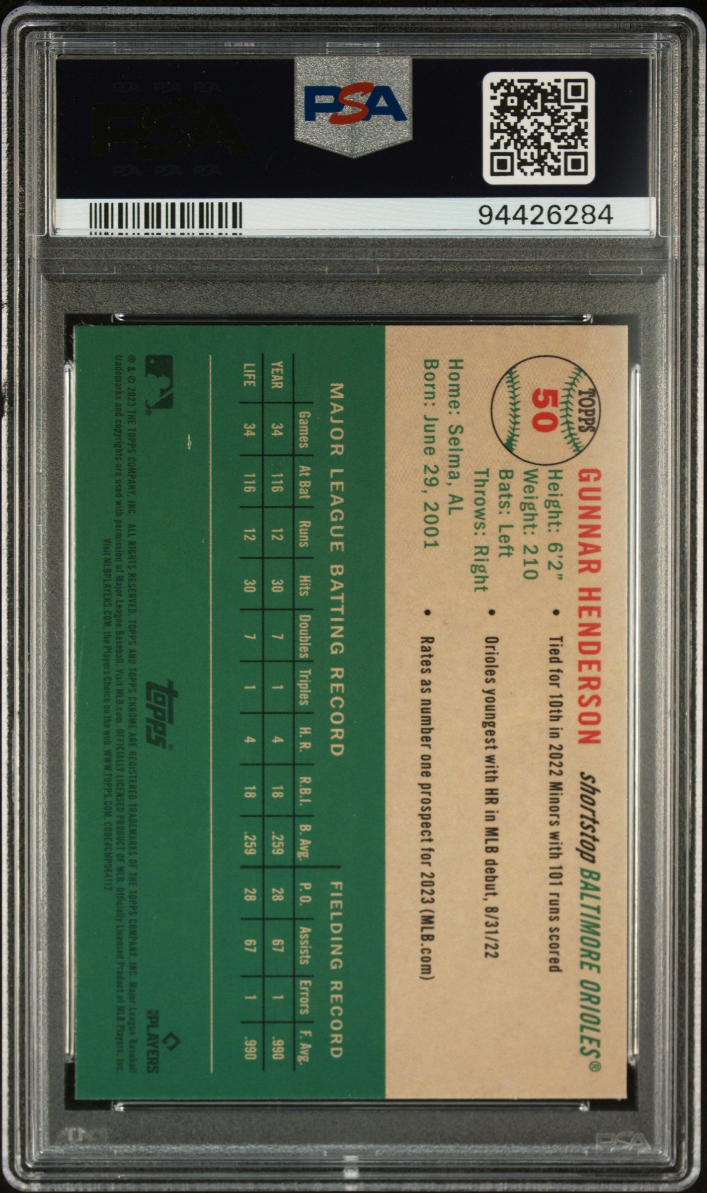 2023 Topps Chrome Platinum Anniversary Gunnar Henderson #50 PSA 10 Orioles