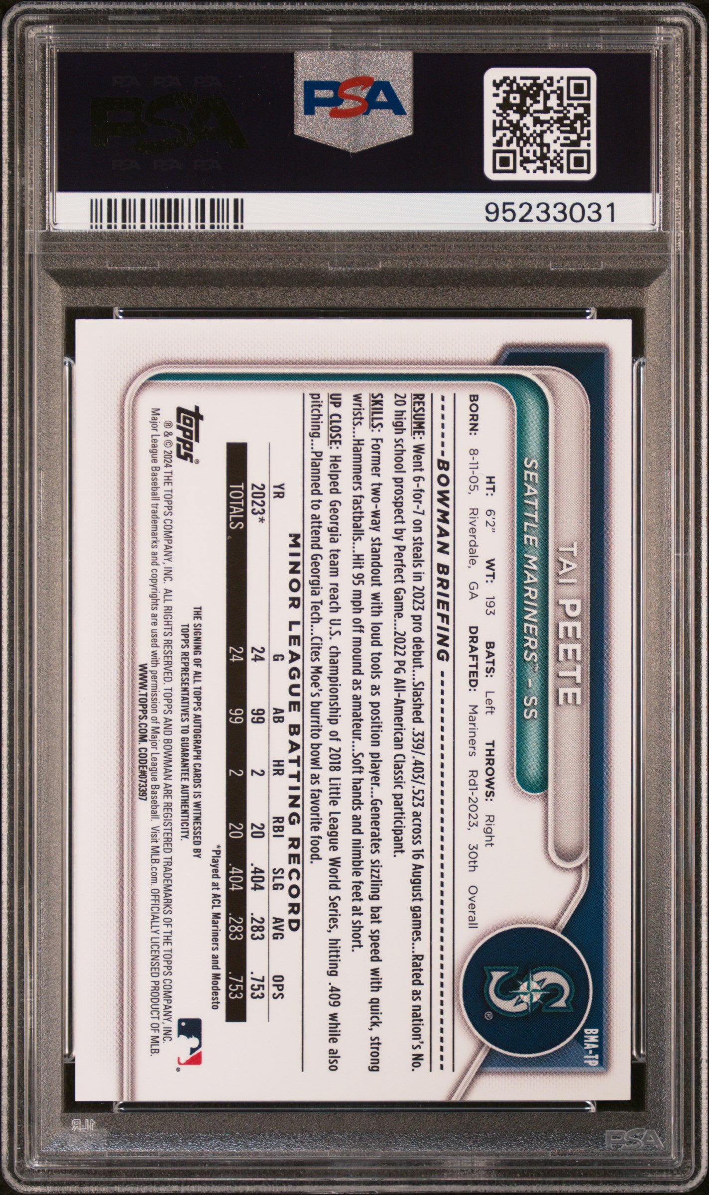 2024 Bowman Chrome Bowman Tai Peete #TP - Autograph Purple #/199 PSA 10