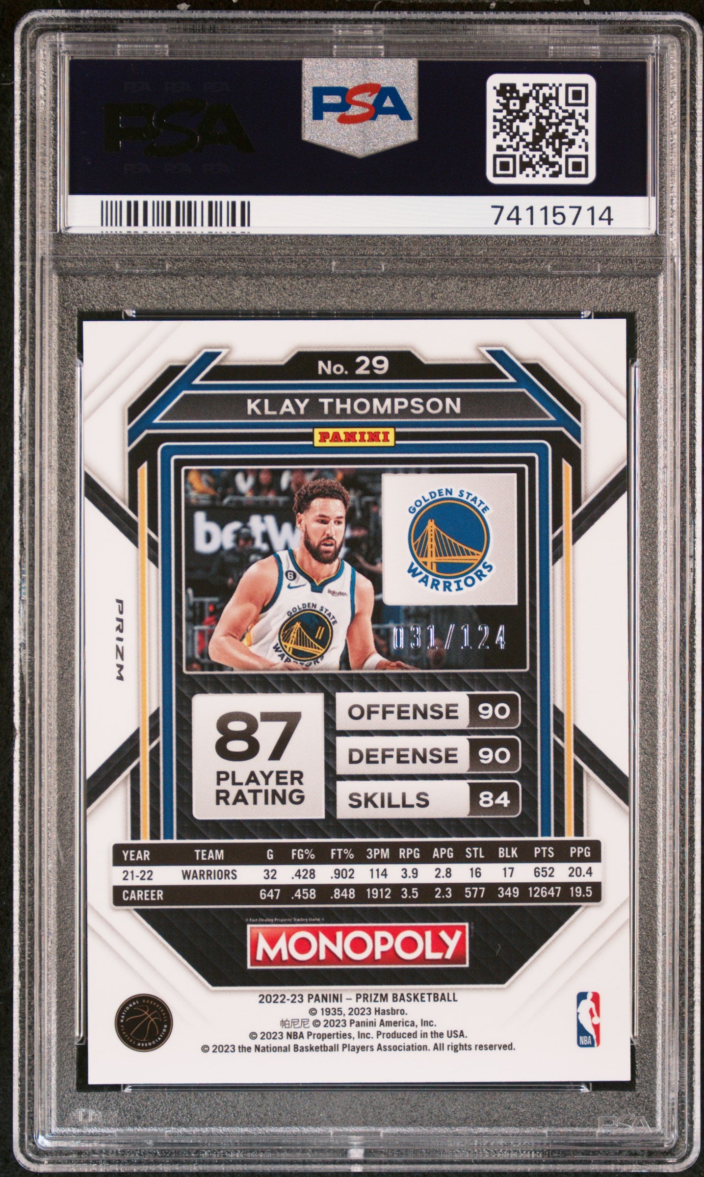 2022 Panini Prizm Monopoly Klay Thompson #29 Orange Prizm PSA 10 Warriors