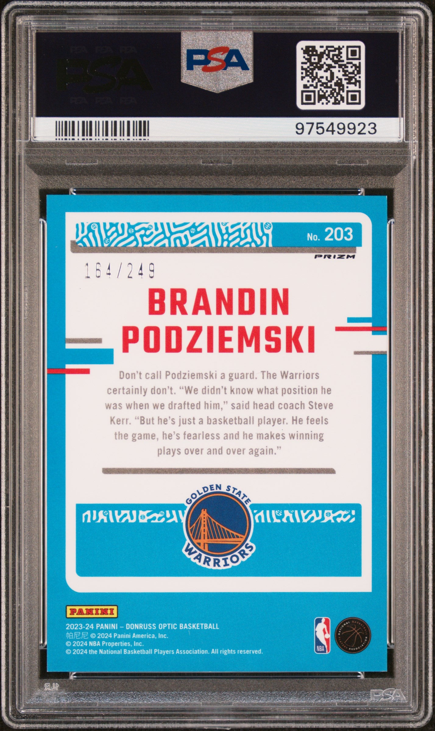 2023 Panini Donruss Optic Brandin Podziemski #203 Aqua PSA 10 Warriors