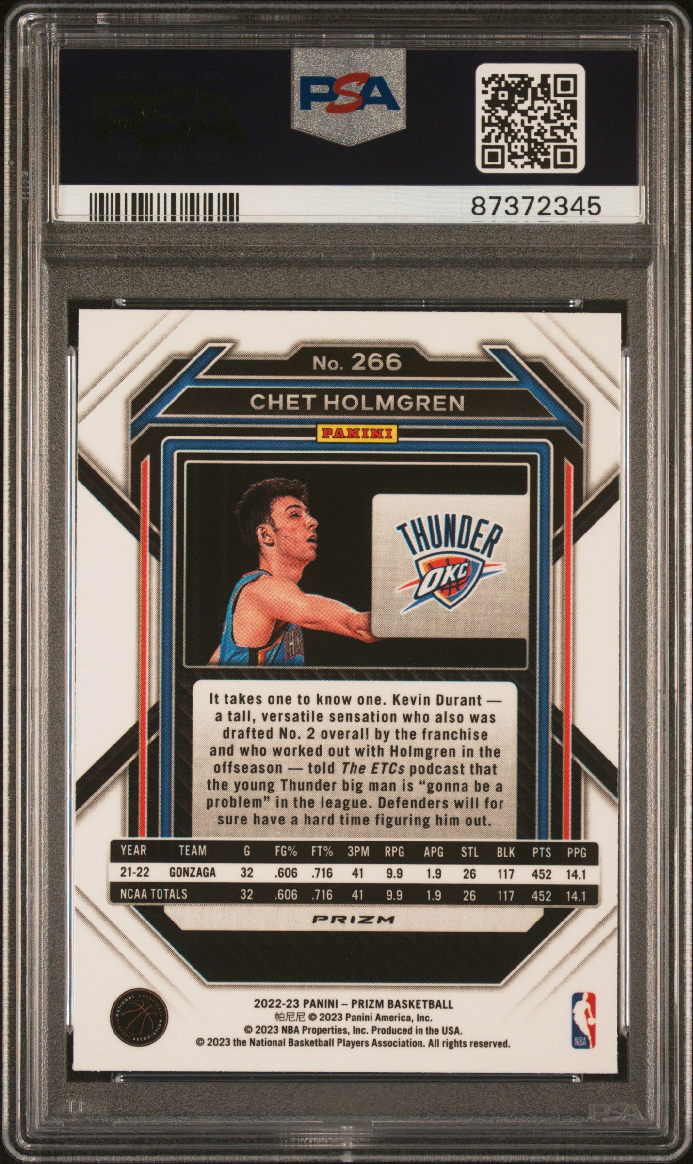 2022 Panini Prizm Chet Holmgren #266 Green Prizm PSA 10 Thunder