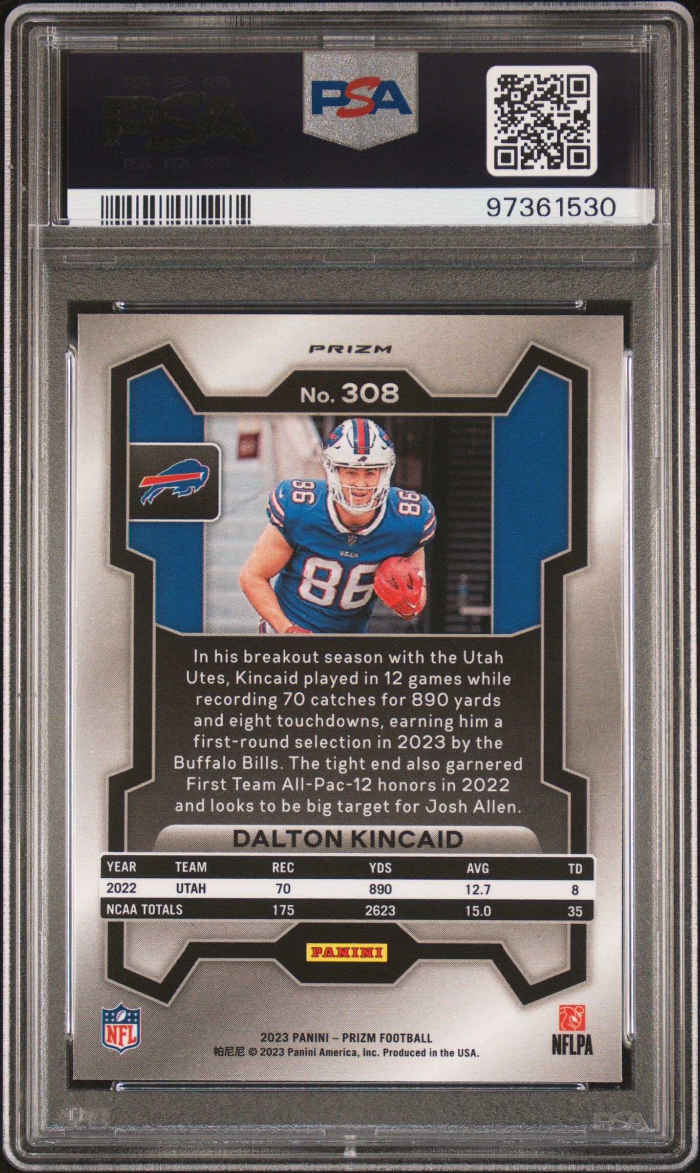 2023 Panini Prizm Dalton Kincaid #308 Silver Prizm PSA 10 Bills