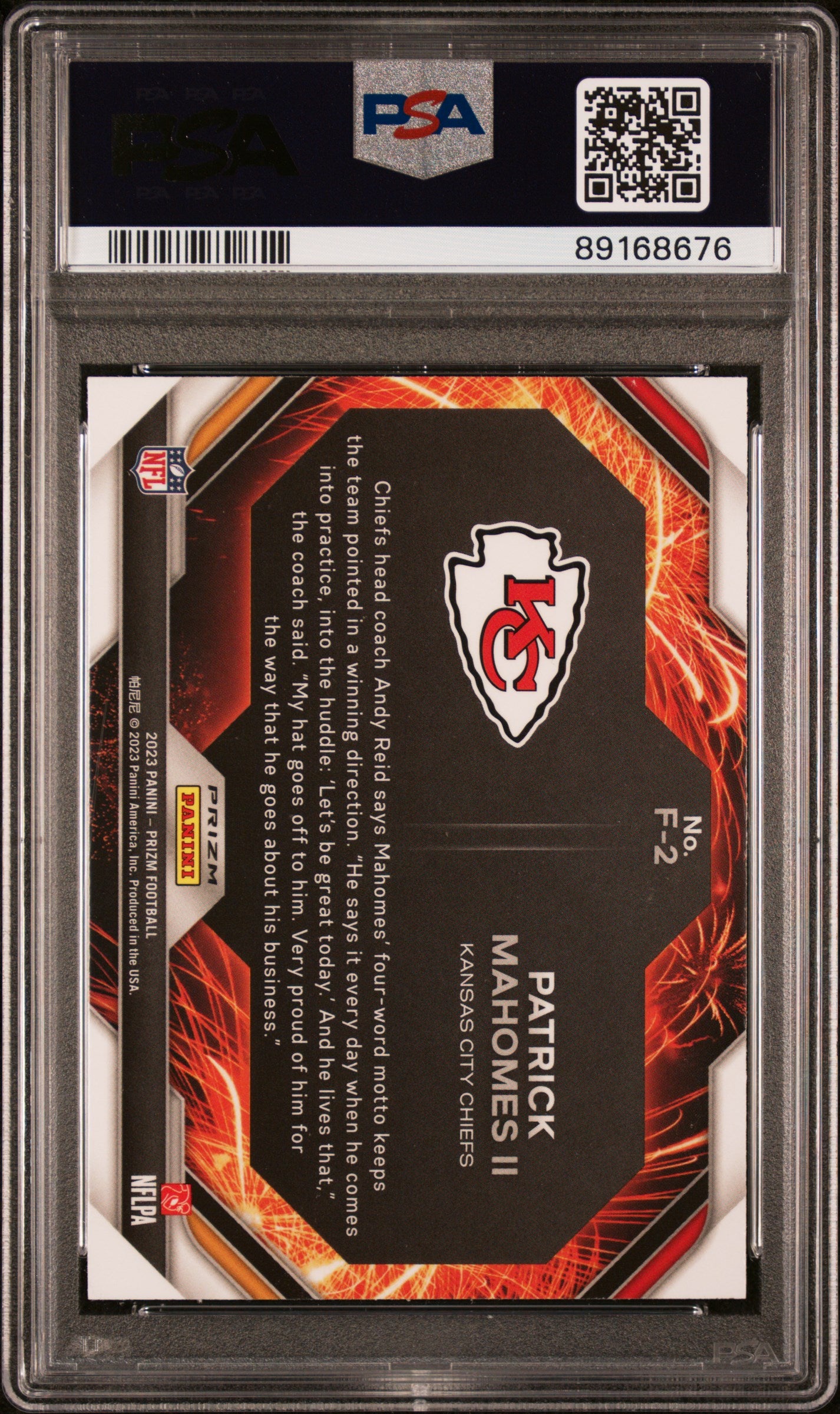 2023 Panini Prizm Fireworks Patrick Mahomes Ii #F2 Fireworks-No Huddle PSA 10